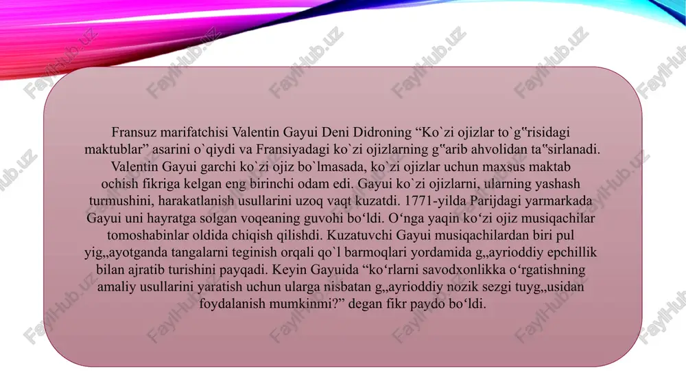 yyorlashga mo`ljallangan maxsus asbob va qoliplar o`ylab topdi. rossiyaning san-peterburg shahrida birinchilardan bo`lib xix asrning 70-yillarida sistematik ravishda ko`zi ojiz bolalarni o`qitishga e`tibor qaratilgan. ko`zi ojiz bolalarni o`qitishning ilk tajribasi xix asrning boshidayoq boshlangan. fransuz tiflopedagogi valentin gayui ishtiroki hamda bevosita sayi-harakatlari natijasida 1807-yil peterburg shahrida ko`zi ojiz bolalar uchun maktab ochiladi. yekaterina ii davridagi qulchilik monarxiyasida valter va d.didro ideyalari, ya`ni nogiron bolaga mehr ko`rsatish, uni bepul o`qitish kabi g`oyalar xalq ta`limi muassasalarida, xususan, ko`zi ojizlar maktabida tatbiq etilishining iloji bo`lmagani uchun1817-yili v. gayui ochgan maktab yopildi. rossiyada kapitalizm tuzumi rivojlanishi bilan qulchilik bekor qilinadi. xix asrning 70-yillarida xalq ta`limida referendumlar boshlanib, tizimli ravishda ko`zi ojiz bolalarni o`qitish boshlanildi, rossiyada g`arbiy yevropa va shimoliy amerikadan farqli o`laroq ko`zi ojiz bolalarni o`qitish homiylar orqali amalga oshirilgan. ko`zi ojiz bolalar bilim yurtlarida o`qitish yagona o`quv reja va dastur asosida olib borilgan. bunday o`qitish mahalliy tiflopedagoglar tomonidan ijobiy baholaniladi. lekin tashqaridan turib …