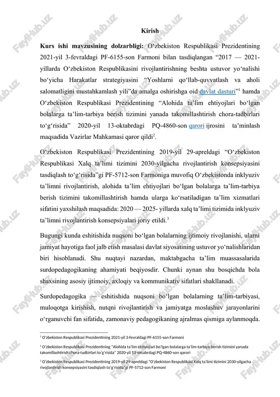arbiya berish tizimini takomillashtirish hamda ularga ko‘rsatiladigan ta’lim xizmatlari sifatini yaxshilash maqsadida: 2020 — 2025- yillarda xalq ta’limi tizimida inklyuziv ta’limni rivojlantirish konsepsiyalari joriy etildi.[footnoteref:2] [2: o‘zbekiston respublikasi prezidentining 2019-yil 29-apreldagi “o‘zbekiston respublikasi xalq ta’limi tizimini 2030-yilgacha rivojlantirish konsepsiyasini tasdiqlash to‘g‘risida”gi pf-5712-son farmoni] bugungi kunda eshitishida nuqsoni bo‘lgan bolalarning ijtimoiy rivojlanishi, ularni jamiyat hayotiga faol jalb etish masalasi davlat siyosatining ustuvor yo‘nalishlaridan biri hisoblanadi. shu nuqtayi nazardan, maktabgacha ta’lim muassasalarida surdopedagogikaning ahamiyati beqiyosdir. chunki aynan shu bosqichda bola shaxsining asosiy ijtimoiy, axloqiy va kommunikativ sifatlari shakllanadi. surdopedagogika — eshitishida nuqsoni bo‘lgan bolalarning ta’lim-tarbiyasi, muloqotga kirishish, nutqni rivojlantirish va jamiyatga moslashuv jarayonlarini o‘rganuvchi fan sifatida, zamonaviy pedagogikaning ajralmas qismiga aylanmoqda. maktabgacha ta’lim tashkilotlarida ushbu yo‘nalishning samarali joriy etilishi eshitishida nuqsoni bo‘lgan bolalarning teng huquqli ta’lim olish, o‘z imkoniyatlarini ro‘yobga chiqarish va ijtimoiy integratsiyasini ta’minlashda muhim omil bo‘lib xizmat qiladi. mamlakatimizda maxsus ta’lim tizimini rivojlantirish, nogironligi bo‘lgan bolalarning huquqlarini kafolatlashga qaratilgan qator …