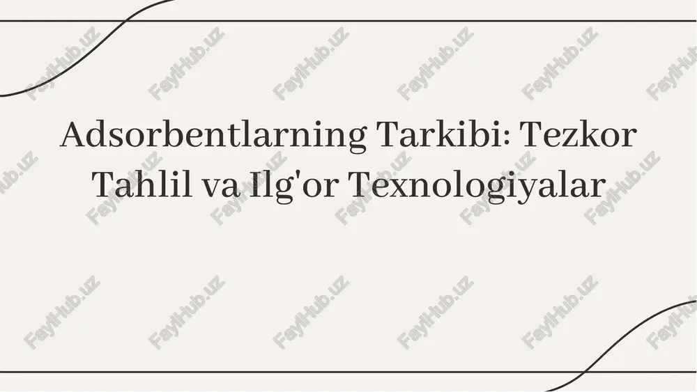 lari adsorbentlarni optimallashtirishga yordam beradi. tezkor tahlil usullari adsorbentlarning sifatini va samaradorligini baholashda muhimdir. xrd, sem, va bet kabi usullar yordamida adsorbentlarning strukturasi va sirt maydoni o'lchanadi. bu tahlillar natijalari adsorbentlarni optimallashtirishga yordam beradi. tahlil usullaritahlil usullari ilg'or texnologiyalar adsorbentlarni ishlab chiqarish va tahlil qilish jarayonlarini yanada samarali qiladi. nanotexnologiyalar va biomateriallar yordamida yangi adsorbentlar yaratilmoqda, bu esa ularning sifatini va tizim samaradorligini oshiradi. ilg'or texnologiyalar adsorbentlarni ishlab chiqarish va tahlil qilish jarayonlarini yanada samarali qiladi. nanotexnologiyalar va biomateriallar yordamida yangi adsorbentlar yaratilmoqda, bu esa ularning sifatini va tizim samaradorligini oshiradi. ilg'or texnologiyalarilg'or texnologiyalar qo'llanilish sohalariqo'llanilish sohalari adsorbentlar ko'plab sohalarda, jumladan atmosferani tozalash, suvni tozalash, va kimyoviy jarayonlarda qo'llaniladi. ularning samarali ishlashi uchun to'g'ri tarkib va texnologiyalar tanlanishi zarur. adsorbentlar ko'plab sohalarda, jumladan atmosferani tozalash, suvni tozalash, va kimyoviy jarayonlarda qo'llaniladi. ularning samarali ishlashi uchun to'g'ri tarkib va texnologiyalar tanlanishi zarur. tahlil natijalari adsorbentlarning samaradorligini ko'rsatadi. sirt maydoni, kimyoviy faoliyat, …