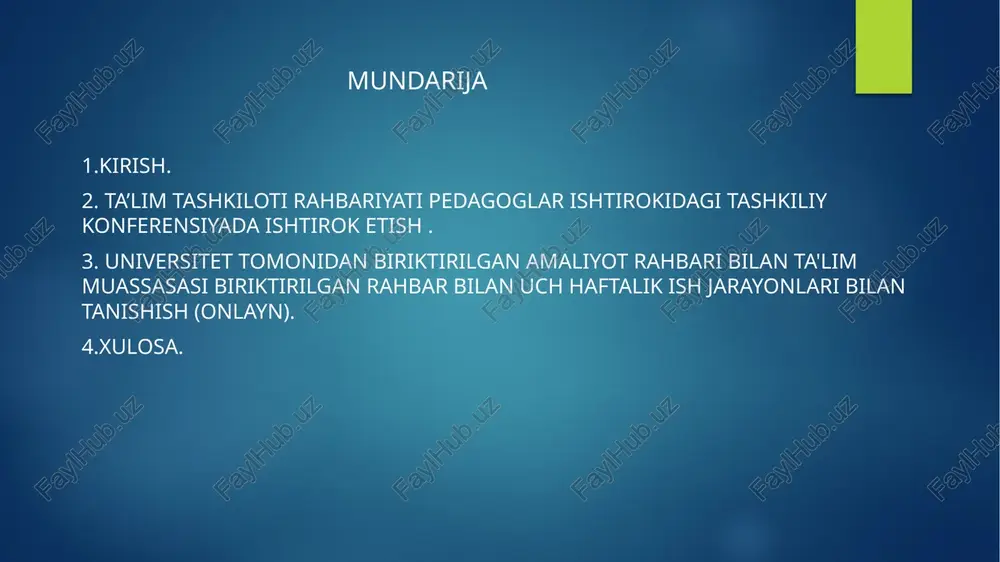 mida 2-3 ta tarbiyaviy tadbir tashkil etdim va o‘tkazdim. malakaviy amaliyot kundaligini muntazam ravishda yuritdim. amaliyotning to’rtinchi kuni 25.09.2025 amaliyot davomida biriktirilgan va tajribali o‘qituvchilar darslariga qatnashib, ularni dts va o‘quv dasturi asosida tahlil qildim. darsdan tashqari tadbirlarda ishtirok etdim va ularning samaradorligini baholadim. “bumerang” metodi asosida dars ishlanmasini tayyorladim hamda malakaviy amaliyot kundaligini muntazam yuritdim. amaliyotning beshinchi kuni 26.09.2025 amaliyot davomida biriktirilgan o‘qituvchi rahbarligida mustaqil tarzda tajriba darslarini o‘tkazdim hamda har bir dars uchun dars ishlanmasini tayyorladim. tajribali o‘qituvchilarning mashg‘ulotlarida qatnashib, ularning dars jarayonini davlat ta’lim standarti (dts) va o‘quv dasturi asosida tahlil qildim. darsdan tashqari mashg‘ulotlar va o‘quv-uslubiy tadbirlarning tashkil etilishida faol ishtirok etdim, ularning o‘quvchilarga ta’sirini baholadim. “bumerang” metodi asosida samarali dars o‘tkazib, o‘quvchilarning faolligini oshirishga erishdim. shuningdek, malakaviy amaliyot kundaligini muntazam ravishda yuritib, bajarilgan ishlarni tizimli tarzda qayd etdim. amaliyotning oltinchi kuni 27.09.2025 amaliyot davomida biriktirilgan o‘qituvchi rahbarligida 9-, 10- va 11-sinflarda o‘tiladigan sinov darslariga puxta …