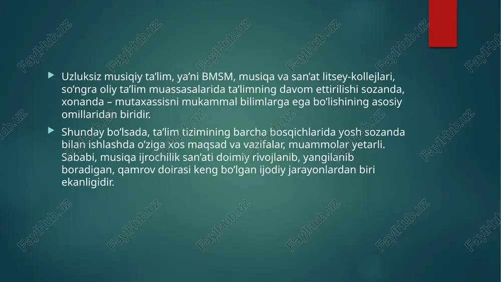 ish vazifalarini qo’yiladi. bilamizki, qashqar rubob cholg’usi o’zbek milliy cholg’ulari orasida o’quv jarayonida ko’lami kengligi bilan ajralib turadi va tabiiyki bu cholg’uda ijrochilik amaliyoti ham shunga mos ravishda taraqqiy etib kelmoqda. konservatoriyada ta’lim oladigan talaba o’z cholg’usini yaxshi bilishi, ijrochilik sir-asrorlaridan to’liq xabardor bo’lishi uchun mavjud kamchiliklarni bartaraf etishda tinimsiz mashq qilish talab etiladi. ijrochilik mahorati deganda faqat ijro tezligining yuqoriligi emas balki, asarni yuqori badiiy darajada, uning xarakterini to’liq ochib berilgan mukammal ijrosi tushunilishi sir emas, albatta. buning uchun ixtisoslik darslarida avvalo: ijrochilik holatidagi o’ng va chap qo’llarda uchraydigan kamchiliklarni bartaraf etish; asar ijrosi uchun kerakli barcha nazariy ma’lumotlarni chuqur o’zlashtirish; ijro etilayotgan asarni shakl va ijrochilik tomonidan tahlil etib chiqish; aniq applikaturasini belgilab olish; nota matnini to’liq, xatosiz yod olish; ijro tezligiga erishish uchun kerakli bo’lgan mashqlarni aniqlab olish va ularni muntazam ijro etish; murakkab passajlar va katta intervallar orasidagi harakatlar ustida ishlash; tovush sifati va xususiyati ustida …