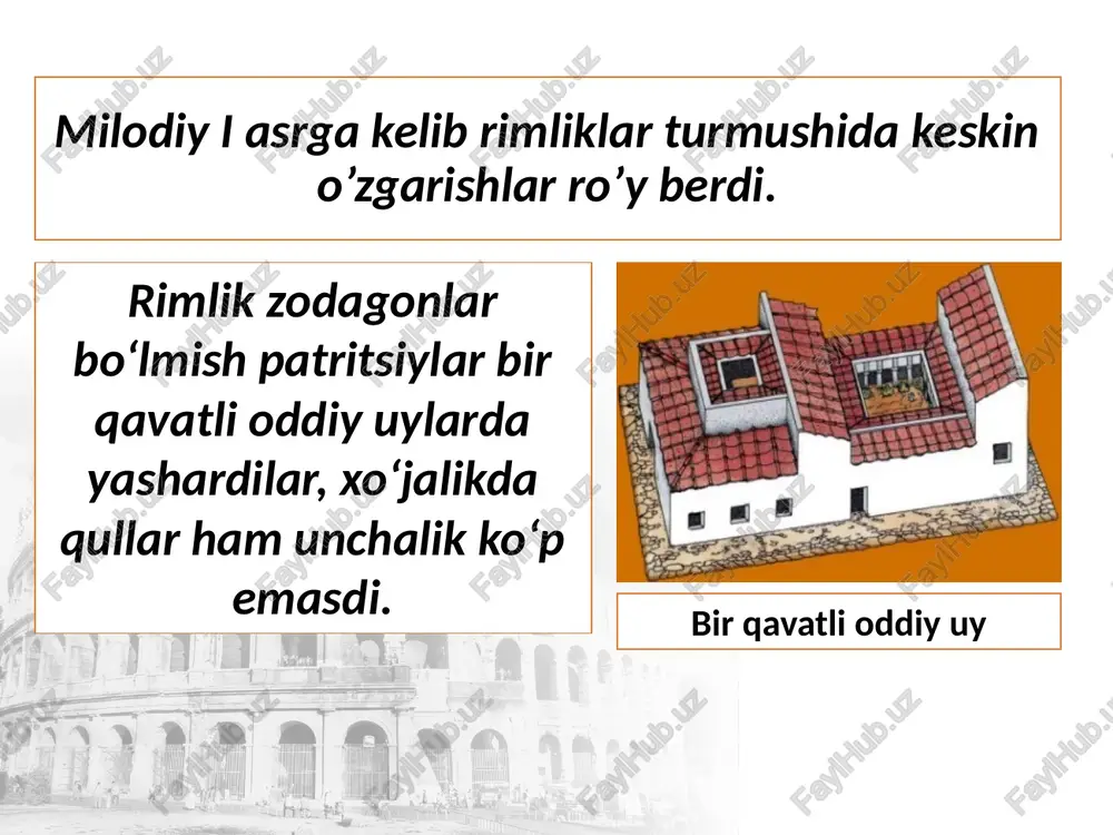 h imkonini beruvchi moslama qurilgan. iso masih haqidagi rivoyatlar yevangeliya (injil) nomini olgan, yunonchadan tarjima qilganda bu so’z «xushxabar» ma’nosini anglatadi. iso payg‘ambar ta’limot izdoshlari xristianlardir. milodiy 313-yilda imperator konstantin xristianlik boshqa dinlar bilan teng bir din deb e’lon qilingan farmon chiqardi. farmon xristianlarga ibodatxonalar qurish va oshkora ibodat qilish imkonini berdi. xristianlarning dastlabki ibodatxonasi rivoyatga ko‘ra, imperator konstantin xristianlik ramzini o‘z askarlari qalqonlariga chizishga buyurgan va g‘alabaga erishgan. savol va topshiriqlar 1. rimliklarning turmush tarzi haqida hikoya tuzing. 2. rim davlatida ta’limning qaysi turlari mavjud bo‘lgan, nimalarni o‘qitishgan? 3. rim me’morchiligining xususiyatlarini ayting. 4. rimdagi eng katta inshoot nomini ayting. 5. rim panteoni haqida nimalarni bilasiz? 6. iso payg’ambar kim? xristianlik haqida nimalarni bilasiz? image2.jpg image3.jpeg image4.jpeg image5.jpeg image6.jpeg image7.emf image8.emf image9.emf image10.emf image11.jpeg image12.jpeg image13.jpeg image14.emf image15.emf image1.jpeg /docprops/thumbnail.jpeg