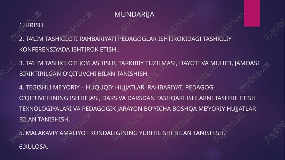 5 ta’lim tashkilotining joylashuvi, tarkibiy tuzilmasi, ichki muhiti va jamoasi bilan biriktirilgan o‘qituvchi rahbarligida tanishish jarayonida muassasaning tashkiliy tuzilishi, o‘quv va tarbiyaviy jarayonlarning tashkil etilishi, o‘quvchilar va pedagoglar bilan ishlash tartibi o‘rganildi. shu orqali amaliyotchi pedagogik muhitni chuqurroq anglash, jamoa bilan samarali hamkorlik qilish va kelgusida kasbiy faoliyatda qo‘llash mumkin bo‘lgan tajriba orttirishga erishdi. amaliyotning uchinchi kuni 24.09.2025 tegishli me’yoriy-huquqiy hujjatlar, rahbariyat va pedagog-o‘qituvchining ish rejasi bilan tanishish jarayonida ta’lim jarayonini tashkil etishning huquqiy va tashkiliy asoslari o‘rganildi. shuningdek, dars va darsdan tashqari ishlarni samarali tashkil etish texnologiyalari va pedagogik jarayon bo‘yicha boshqa me’yoriy hujjatlar tahlil qilindi. ushbu tajriba amaliyotchi uchun pedagogik faoliyatni tizimli va metodik jihatdan to‘g‘ri olib borish ko‘nikmalarini rivojlantirishda muhim ahamiyat kasb etdi. amaliyotning to’rtinchi kuni 25.09.2025 malakaviy amaliyot kundaligi bilan tanishish jarayonida uning tuzilishi, yuritish tartibi va unda qayd etilishi lozim bo‘lgan ma’lumotlar o‘rganildi. kundalik orqali bajarilgan darslar, darsdan tashqari tadbirlar va kuzatuv natijalari tizimli ravishda …