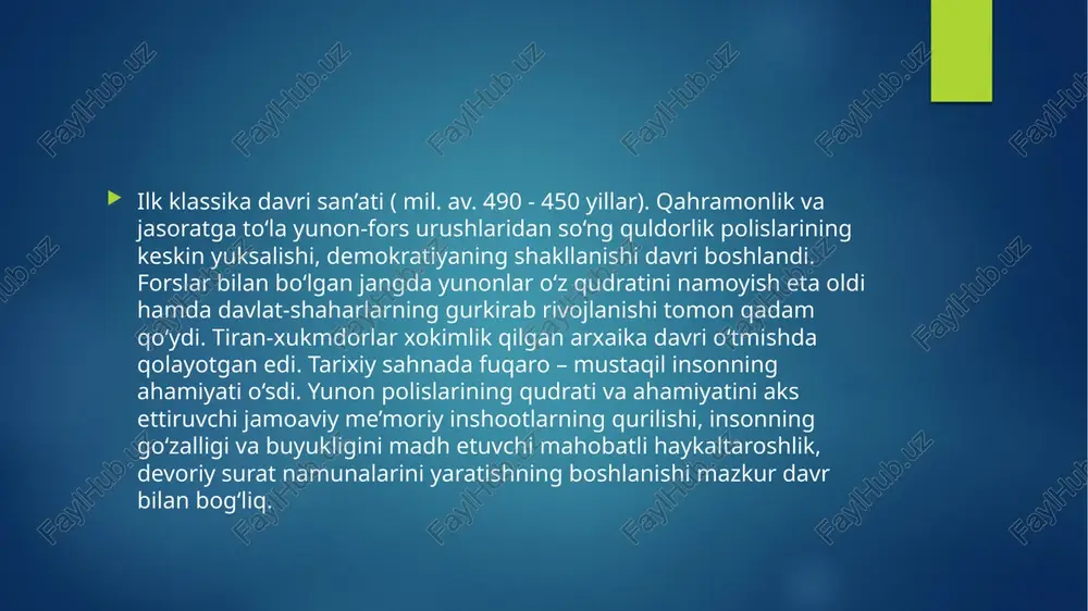 mutloq masshtabi, uning inson va tabiat o‘lchamlari bilan bevosita o‘zaro aloqadorligini nozik his etishgan. orderning doimiy shakli va qismlari tizimini shakllantirish bir vaqtning o‘zida turfa xil ko‘rinishda ularning o‘zaro proporsional mutanosibligini ishlab chiqish sifatida kechgan. proporsiyadagi arzimas o‘zgarish ustqurma va tayanch qismlar muvozanatida xuddi shunday o‘zgarishni talab etgan. inshootdagi barcha qismlarning nisbatlarini o‘zgartirgan holda me’morlar binoning obrazli ifodaviylik ko‘rinishiga ham o‘zgartirish kiritishgan. shu sababli klassika davridagi har bir inshoot asrlar davomida ishlab chiqilgan malaka bilan muayyan ibodatxona qurilishiga xos bo‘lgan me’moriy tizimni o‘zaro uyg‘unlashtirgan. bu jihat har bir ibodatxonaga goh ulug‘vor va qudratli, gohida esa nafis va yengil ko‘rinish bag‘ishlab, uni betakror san’at darajasiga ko‘targan. me’morchilikdagi mazkur xususiyat butun qadim yunon badiiy tafakkuriga xos. masalan, yunon tragediyasi ham teatr qonunlarining an’anaviy va qat’iy shakllarida rivojlangan. biroq, bitta dramaturgning (misol uchun esxil yoki sofokl) har bir dramasi tasvirlanayotgan ziddiyatli voqea xarakteriga, dramaning obrazli tizimiga mos ravishda prolog, epilog, xor partiyalari, qahramonlarning …