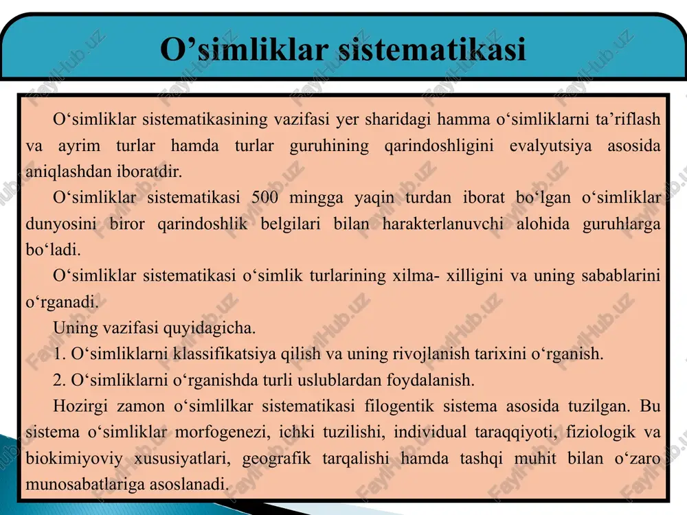 edi. u o‘simliklarni 23 sinfga ajratadi, 24 – chi sinfga suvo‘tlar, zamburug‘lar moxlar va paporotniklarni kiritadi. o‘simliklar sistematikasida tabiiy uslubga tomon keskin burilish fransuz olimi m.andonsonning “o‘simliklar oilalari” (1763-1764) nomli kitobi nashrdan chiqqan keyin sodir bo‘ladi. a.l.jyusening (1788) o‘simliklarni 15 sinfga ajratdi, 100 ta “tabiiy tartiblar” chegarasini xix asrda o.p.dekandol(1813-1819), r.braun (1825), m.a.masimovich (1804-1873), s.endlixer (1836-1840), a.broner (1843)lar fanga ulkan hissa qo’shishdi. o’simliklar sistematikasi hozirgi zamon sistematikasi o‘simliklarni puxta o‘rganish uchun, quyidagi usullardan foydalanadi. 1.o‘simlilkarni paydo bo‘lishini solishtirish (solishtirma-morfologik usul). 2.individual rivojlanishini o‘rganish (ontogenetik usul). 3.o‘tgan geologik davrlarda o‘sgan o‘simliklar to‘g‘risidagi ma’lumotlarni yig‘ish (paleobotanik usul) 4.o‘simlik organizmlarining anotomik tuzilishini o‘rganish (anotomik usul). 5.har bir o‘simlikning tarqalish hududini o‘rganish (geografik usul). bulardan tashqari sistematika fani yana bir qancha boshqa yordamchi usullardan foydalandi. yuqoridagi usullarda o‘rganilgan o‘simliklar turli guruhlarga bo‘linadi, shu guruhlar taksanomik birliklar yoki sistematik birliklar deyiladi. hozir sistematikada 6 ta taksanomik birlik keng qo‘llaniladi: bo‘lim - divisio, sinf - classis, …
