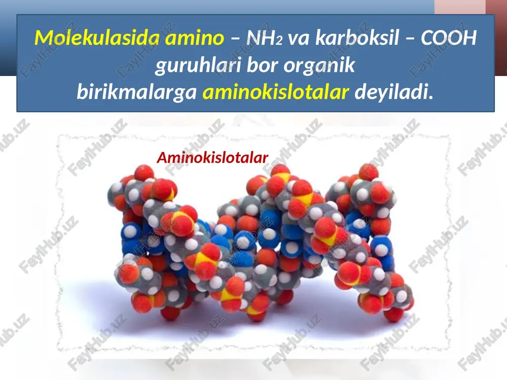 qsillarning biologik faolligi ularning molekulasi fazoviy tuzilishi va kimyoviy tuzilishiga bog‘liq bo‘ladi. oqsillar denaturatsiyasi - bu oqsillar konfiguratsiyasining (ikkilamchi va uchlamchi strukturalarining) qizdirish, radiatsiya, kuchli kislota, ishqorlar, og‘ir metallar tuzlari, kuchli silkitish ta’sirida buzilishidir. oqsillarning biologik ahamiyati. oqsillar tirik organizmlarning asosiy tarkibiy qismi bo‘lib, ular barcha o’simlik va hayvon hujayralarining protoplazmalari va yadrolari tarkibiga kiradi. oziqda oqsil yetishmovchiligi yoki bo‘lmasligi og‘ir kasalliklarga olib keladi. oqsillarning oziq qiymati ulardagi aminokislota tarkibi, almashinmaydigan aminokislotalari bilan belgilanadi. image2.jpg image3.png image4.jpeg image5.jpeg image6.png image7.jpeg image8.jpeg image9.jpeg image10.jpeg image11.jpeg image12.jpeg image13.jpeg image14.png image15.jpeg image16.jpeg image17.jpeg image18.jpeg image19.png image20.png image21.jpeg image22.jpeg image23.jpeg image24.jpeg image1.jpg /docprops/thumbnail.jpeg