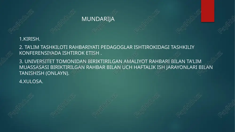 ashkil etdim va o‘tkazdim. malakaviy amaliyot kundaligini muntazam ravishda yuritdim. amaliyotning to’rtinchi kuni 25.09.2025 amaliyot davomida biriktirilgan va tajribali o‘qituvchilar darslariga qatnashib, ularni dts va o‘quv dasturi asosida tahlil qildim. darsdan tashqari tadbirlarda ishtirok etdim va ularning samaradorligini baholadim. “bumerang” metodi asosida dars ishlanmasini tayyorladim hamda malakaviy amaliyot kundaligini muntazam yuritdim. amaliyotning beshinchi kuni 26.09.2025 amaliyot davomida biriktirilgan o‘qituvchi rahbarligida mustaqil tarzda tajriba darslarini o‘tkazdim hamda har bir dars uchun dars ishlanmasini tayyorladim. tajribali o‘qituvchilarning mashg‘ulotlarida qatnashib, ularning dars jarayonini davlat ta’lim standarti (dts) va o‘quv dasturi asosida tahlil qildim. darsdan tashqari mashg‘ulotlar va o‘quv-uslubiy tadbirlarning tashkil etilishida faol ishtirok etdim, ularning o‘quvchilarga ta’sirini baholadim. “bumerang” metodi asosida samarali dars o‘tkazib, o‘quvchilarning faolligini oshirishga erishdim. shuningdek, malakaviy amaliyot kundaligini muntazam ravishda yuritib, bajarilgan ishlarni tizimli tarzda qayd etdim. amaliyotning oltinchi kuni 27.09.2025 amaliyot davomida biriktirilgan o‘qituvchi rahbarligida 9-, 10- va 11-sinflarda o‘tiladigan sinov darslariga puxta tayyorgarlik ko‘rdim. har bir dars …