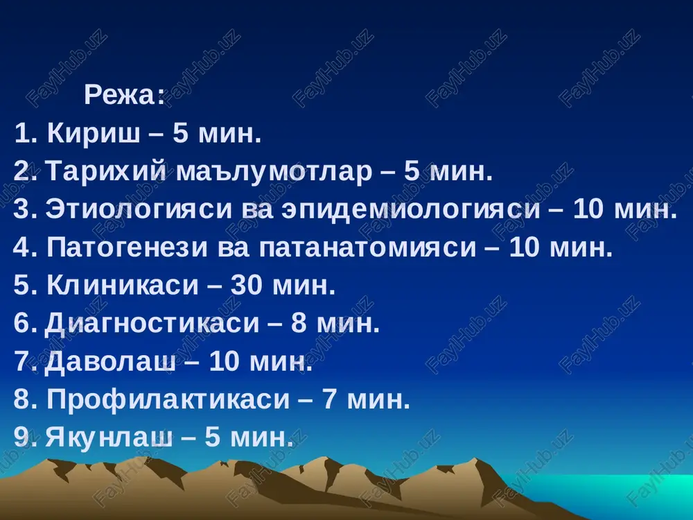 a bola tushishini chaqiradigan br. ovis 2. itlardan ajratib olingan kulturalar – br. canis. brutsellez qo'zg'atuvchilari 1. br. melitennis-mayda shoxli uy hayvonlarida kasallik chaqiradi (br. melitennis-3 biovari) 2. br. abortis bovis- yirik shoxli uy hayvonlarida kasallik chaqiradi (br. abortis bovis-9 biovari) 3. br. suis- chuchqalarda kasallik sababchisi (br. suis-5 biovari) 4. br. canis- itlarda kasallik sababchisi 5. br. ovis- qo'chqorlarda kasallik sababchisi 6. br. neotonae- kalamushlarda kasallik sababchisi brutsellalar juda mayda sharsimon yoki oval •shakldagi bakteriyalar, harakatsiz, spora hosil qilmaydi, barcha anilin bo'yoqlari bilan oson bo'yaladi, gramm manfiy, fakultativ anaerob, o'zgaruvchanlik xos (s va l shakllar) sun'iy oziq muhitlarida ular sekin o'sadi, birinchi •generatsiyasi (10-14- kuni va undan ko'p, 3 oygacha) va mayda shaffof koloniyalar hosil qiladilar. ular uchun yaxshi oziq muhiti bo'lib jigarli bulon va jigarli agar hisoblanadi. brutsellalar tashqi ta'sirlarga chidamli va hayotchan.• ular past haroratga chidamli, qor va muzda 1,5 oydan•4 oygacha saqlanadi. biroq qizdirilganda 60-70°s da30 …