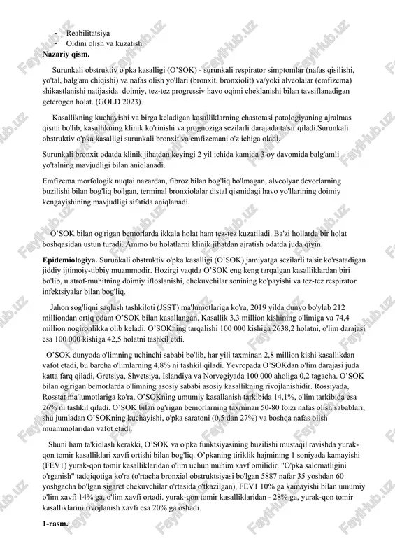 k) - surunkali respirator simptomlar (nafas qisilishi, yo'tal, balg'am chiqishi) va nafas olish yo'llari (bronxit, bronxiolit) va/yoki alveolalar (emfizema) shikastlanishi natijasida doimiy, tez-tez progressiv havo oqimi cheklanishi bilan tavsiflanadigan geterogen holat. (gold 2023). kasallikning kuchayishi va birga keladigan kasalliklarning chastotasi patologiyaning ajralmas qismi bo'lib, kasallikning klinik ko'rinishi va prognoziga sezilarli darajada ta'sir qiladi.surunkali obstruktiv o'pka kasalligi surunkali bronxit va emfizemani o'z ichiga oladi. surunkali bronxit odatda klinik jihatdan keyingi 2 yil ichida kamida 3 oy davomida balg'amli yo'talning mavjudligi bilan aniqlanadi. emfizema morfologik nuqtai nazardan, fibroz bilan bog'liq bo'lmagan, alveolyar devorlarning buzilishi bilan bog'liq bo'lgan, terminal bronxiolalar distal qismidagi havo yo'llarining doimiy kengayishining mavjudligi sifatida aniqlanadi. o’sok bilan og'rigan bemorlarda ikkala holat ham tez-tez kuzatiladi. ba'zi hollarda bir holat boshqasidan ustun turadi. ammo bu holatlarni klinik jihatdan ajratish odatda juda qiyin. epidemiologiya. surunkali obstruktiv o'pka kasalligi (o’sok) jamiyatga sezilarli ta'sir ko'rsatadigan jiddiy ijtimoiy-tibbiy muammodir. hozirgi vaqtda o’sok eng keng tarqalgan …