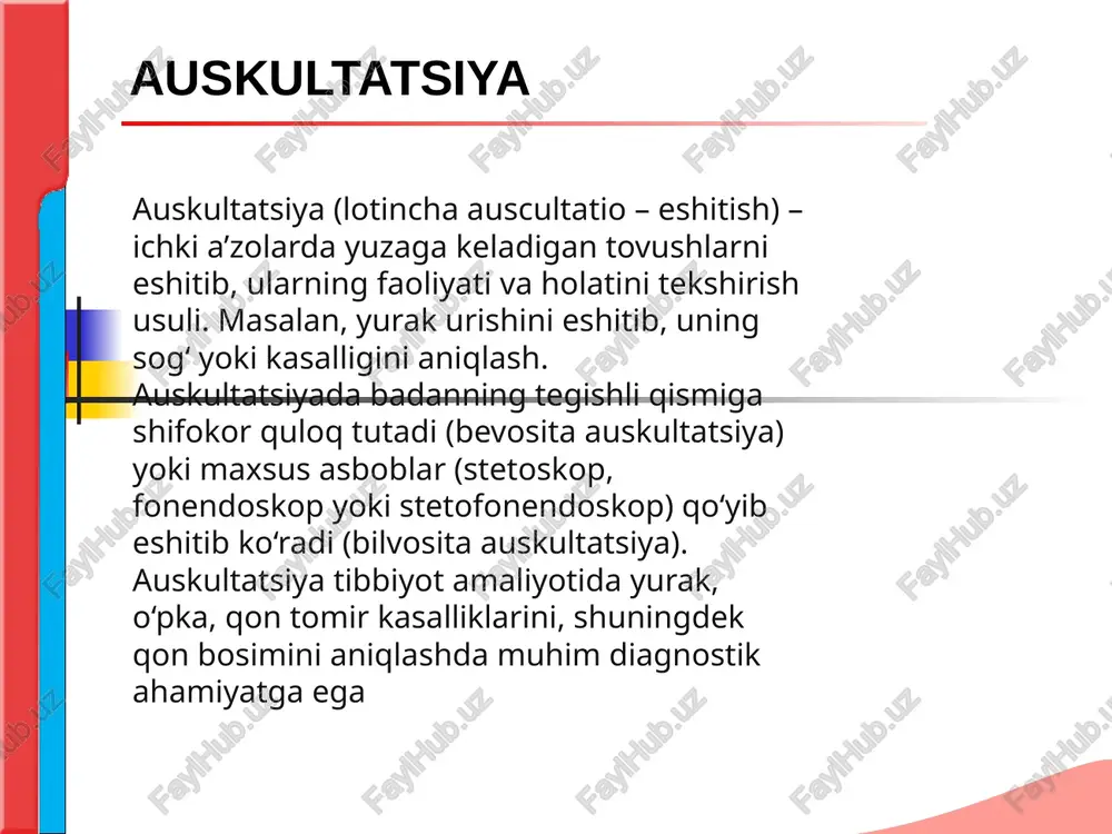 oidalari yurak auskultatsiyasining asosiy qoidalar yurakni bemorning ikkita holatida – vertikal va gorizontal (orqa tomonda yotib, ba’zi hollarda – chap tomonda) tinglash lozim agar bemorning ahvoli imkon bersa, u holda yurakning auskultatsiyasi jismoniy faoliyatdan oldin va keyin amalga oshirilishi kerak. yurakni nafasni ushlab turmasdan (xotirjam, normal nafas olish bilan) ham, ushlab turish vaqtida ham tinglash kerak. yurakni auskultatsiya qilishda xona tinch va issiq bo‘lishi kerak. yurak tonlari yurak faoliyati davomida tovush hosil bo‘ladi, bu tovushlar yurak tonlari deyiladi. sog‘lom odamlarda auskultatsiyada 2 ta ton eshitiladi. i – sistola davrida hosil bo‘luvchi – sistolik ton. ii – diastola davrida hosil bo‘luvchi – diastolik ton. yurak tonlarini hosil bo‘lish mexanizmi. i ton komponentlari: • klapan komponenti – ikki tavaqali klapanning tebranishidan hosil bo‘ladi. • mushak komponenti – miokard tebranishi hisobiga hosil bo‘ladi. • tomir komponenti – aorta va upka arteriyasi tomirlarining boshlang‘ich qismlarining tebranishi hisobiga hosil bo‘ladi. • bo‘lmacha komponenti – bo‘lmacha …
