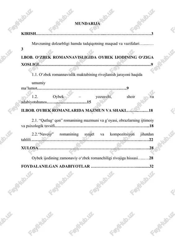 g yubiley sanalari keng nishonlanmoqda, iste’dodli yoshlarni tarbiyalash, ularni qo‘llab-quvvatlash maqsadida turli ijodiy anjumanlar o‘tkazilmoqda. yosh shoir va yozuvchilarning birinchi kitoblari davlat hisobidan ko‘p ming nusxalarda nashr etilib, ta’lim maskanlari va kutubxonalarga yetkazib berilmoqda. kitob mahsulotlarini nashr etish va tarqatish tizimini rivojlantirish, kitob mutolaasi va kitobxonlik madaniyatini oshirish hamda targ‘ib qilish borasida izchil ishlar amalga oshirilmoqda. qardosh xalqlarning buyuk adiblari ijodiy merosini keng o‘rganish va targ‘ib qilish, tavallud kunlarini nishonlash bo‘yicha muhim hujjatlar qabul qilinishi xalqlarimiz o‘rtasidagi madaniy-adabiy aloqalarni yanada rivojlantirishga xizmat qiladi.[footnoteref:1] [1: https://www.gazeta.uz] prezidentimizning “o‘zbekiston yozuvchilar uyushmasi faoliyatini yanada takomillashtirish chora-tadbirlari to‘g‘risida”gi qarori mazkur yo‘nalishdagi ishlarning uzviy davomidir. o‘zbek adabiyoti milliy madaniyatning muhim qismidir. unda xalqning tarixi, madaniyati va turmush tarzi o‘z ifodasini topadi. adabiyotda romannavislikning shakllanishi esa xalqning tarixiy va ijtimoiy jarayonlarini keng va chuqur badiiy tahlil qilish imkonini beradi. o‘zbek romanchiligi shakllanishida oybekning nasriy ijodi alohida o‘rin tutadi. adibning asarlari milliy o‘zlikni anglash va adabiy tafakkurning …