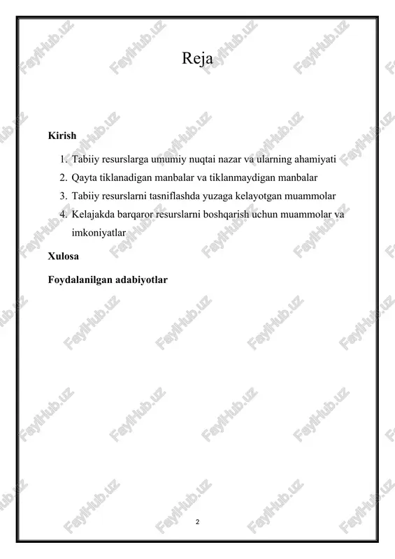 oki tanqisligini baholashda va tegishli boshqaruv strategiyalarini shakllantirishda yordam beradi. resurslarni alohida guruhlarga ajratish orqali siyosatchilar, olimlar va manfaatdor tomonlar tabiatni muhofaza qilish bo'yicha sa'y-harakatlarga ustuvor ahamiyat berishlari, resurslarni samarali taqsimlashlari va barqarorlik muammolarini samarali hal qilishlari mumkin. geografik tasnifi: tabiiy resurslarni geografik joylashuviga koʻra, yerdagi (oʻrmonlar, qishloq xoʻjaligi erlari), suv (okeanlar, daryolar) va havodagi (atmosfera) resurslari boʻyicha tasniflash mumkin. kelib chiqishiga qarab tasniflash: resurslar kelib chiqishiga ko‘ra biotik (tirik) va abiotik (jonsiz) turlarga bo‘linadi. biotik resurslarga flora va fauna kiradi, abiotik resurslarga esa minerallar, suv va havo kiradi. iqtisodiy tasnif: resurslar iqtisodiy qiymati va foydaliligiga ko‘ra, shu jumladan qayta tiklanadigan resurslar (quyosh, shamol) va qayta tiklanmaydigan resurslar (qazib olinadigan yoqilg‘ilar, foydali qazilmalar) bo‘yicha tasniflanadi. foydalanishga asoslangan tasnif: resurslarni energiya resurslari (ko'mir, neft), mineral resurslar (oltin, temir) va qishloq xo'jaligi resurslari (tuproq, suv) kabi asosiy foydalanishga qarab ham tasniflash mumkin. barqaror rivojlanish uchun oqibatlari: tabiiy resurslar tasnifini tushunish barqaror rivojlanish …