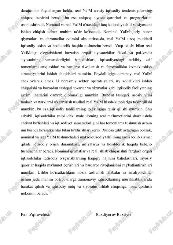 an holda, real yaim asosiy iqtisodiy tendentsiyalarning aniqroq tasvirini beradi, bu esa aniqroq siyosat qarorlari va prognozlarini osonlashtiradi. nominal va real yaim o'rtasidagi farq iqtisodiy tahlil va siyosatni ishlab chiqish uchun muhim ta'sir ko'rsatadi. nominal yaim joriy bozor qiymatlari va daromadlar oqimini aks ettirsa-da, real yaim uzoq muddatli iqtisodiy o'sish va hosildorlik haqida tushuncha beradi. vaqt o'tishi bilan real yaimdagi o'zgarishlarni kuzatish orqali siyosatchilar fiskal va pul-kredit siyosatining samaradorligini baholashlari, iqtisodiyotdagi tarkibiy zaif tomonlarni aniqlashlari va barqaror rivojlanish va farovonlikka ko'maklashish strategiyalarini ishlab chiqishlari mumkin. foydaliligiga qaramay, real yaim cheklovlarsiz emas. u norasmiy sektor operatsiyalari, uy xo'jaliklari ishlab chiqarishi va bozordan tashqari tovarlar va xizmatlar kabi iqtisodiy faoliyatning ayrim jihatlarini qamrab ololmasligi mumkin. bundan tashqari, asosiy yilni tanlash va narxlarni o'zgartirish usullari real yaim hisob-kitoblariga ta'sir qilishi mumkin, bu esa iqtisodiy tahlillarning to'g'riligiga ta'sir qilishi mumkin. shu sababli, iqtisodchilar yalpi ichki mahsulotning real ma'lumotlarini sharhlashda ehtiyot bo'lishlari va iqtisodiyot samaradorligini …