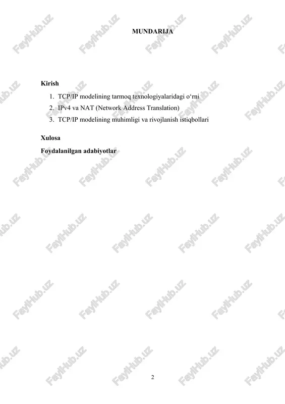 yotda tcp/ip modeli internetda, korxonalarning ichki tarmoqlarida, bulutli hisoblash tizimlarida, virtual xususiy tarmoqlarda (vpn) va internet of things (iot) ekotizimlarida keng qo‘llaniladi. bu model orqali, nafaqat ma’lumot almashinuvi, balki xavfsizlikni ta’minlash, resurslarni boshqarish va tarmoqlarni kengaytirish mumkin. mazkur referat tcp/ip modelining asosiy pog‘onalarini, ularning vazifalarini, ipv4 va ipv6 manzillash tizimlarining xususiyatlarini va real hayotdagi qo‘llanilishini ko‘rib chiqadi. 1. tcp/ip modelining tarmoq texnologiyalaridagi o‘rni tcp/ip (transmission control protocol/internet protocol) modeli, internet va kompyuter tarmoqlarining asosiy kommunikatsiya tizimi sifatida xizmat qiladi. bu modelning tarixiy rivojlanishi va tarmoq texnologiyalaridagi o‘rni, uning zamonaviy tarmoqlarni shakllantirishda va boshqarishda qanday muhim rol o‘ynashini ko‘rsatadi. tcp/ip modeli, butun dunyo bo‘ylab tarmoq qurilishining asosini tashkil etadi va har qanday raqamli tizimda xabar almashish uchun muhim standart bo‘lib qolmoqda. tcp/ip modelining tarixi va rivojlanishi tcp/ip modeli 1970-yillarda arpanet (advanced research projects agency network) loyihasi doirasida rivojlanishni boshladi. arpanet dastlab aqsh hukumatining ilmiy-tadqiqot loyihalarini qo‘llab-quvvatlash maqsadida yaratilgan edi. tcp/ip protokollari …