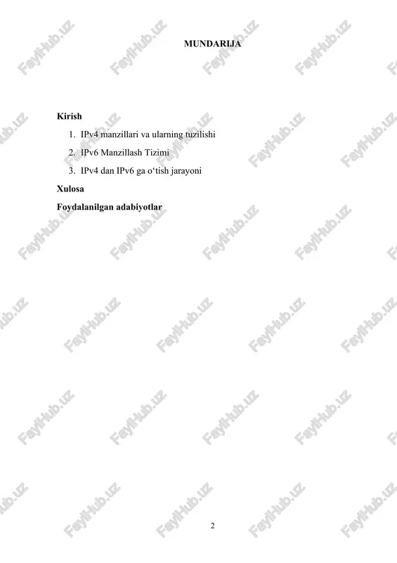 uhimdir. ushbu referatda ipv6 ning keng tarqalishiga ta’sir ko‘rsatuvchi asosiy omillar, uning amaliyotdagi muammolari va yechimlari haqida batafsil muhokama qilinadi. 1. ipv4 manzillari va ularning tuzilishi ipv4 (internet protocol version 4) - bu internetda qurilmalar o‘rtasida aloqani ta’minlash uchun ishlatiladigan protokolning to‘rtinchi versiyasidir. ipv4 protokoli 32 bitli manzillardan foydalanadi, bu esa 2^32 (ya’ni 4,294,967,296) ta unikal manzilni yaratish imkonini beradi. ipv4 manzillari quyidagi tuzilishga ega: ipv4 manzilining tuzilishi ipv4 manzili 32 bitdan iborat bo‘lib, bu bitlar to‘rt ta 8 bitlik guruhga ajratiladi. har bir guruh 0 dan 255 gacha bo‘lgan butun sonni ifodalaydi va o‘nli formatda yoziladi. har bir guruh okteta deb ataladi va nuqta bilan ajratilgan ko‘rinishda ifodalanadi. masalan: 192.168.1.1 – bu to‘liq ipv4 manzili. ipv4 manzilini tuzishdagi umumiy format: php copy code . . . har bir octet (8-bitli guruh) quyidagi chegaralar ichida bo‘ladi: 0 - 255. ipv4 manzillarining sinflari ipv4 manzillari turli sinflarga bo‘linadi. har bir sinf …
