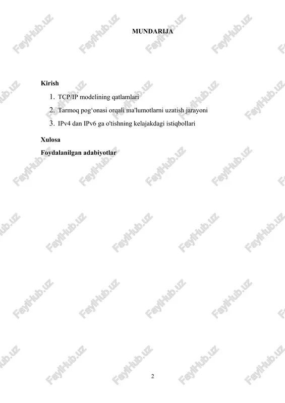 a’sir ko‘rsatuvchi asosiy omillar, uning amaliyotdagi muammolari va yechimlari haqida batafsil muhokama qilinadi. 1. tcp/ip modelining qatlamlari tcp/ip modeli to‘rt qatlamdan iborat bo‘lib, har bir qatlam o‘zining aniq vazifalari va protokollari bilan ajralib turadi. ushbu qatlamlar, ma'lumotlar uzatish jarayonini samarali va ishonchli amalga oshirish uchun bir-biri bilan o‘zaro aloqada bo‘ladi. tcp/ip modelining qatlamlari quyidagilarni o‘z ichiga oladi: ilova qatlam (application layer) ilova qatlamining asosiy vazifasi tarmoq ilovalarini ishlatish uchun zarur bo‘lgan protokollarni ta'minlashdir. bu qatlam foydalanuvchilar va tarmoq tizimlari o‘rtasidagi bevosita aloqani tashkil qiladi. ilova qatlamidagi protokollar tarmoqdan foydalanuvchi dasturlar (masalan, veb brauzerlar, elektron pochta dasturlari) va tarmoqning pastki qatlamlari o‘rtasida ma'lumot almashish uchun ishlatiladi. asosiy protokollar: · http (hypertext transfer protocol): veb-sahifalarni ko‘rish uchun ishlatiladi. · ftp (file transfer protocol): fayl almashish uchun ishlatiladi. · smtp (simple mail transfer protocol): elektron pochta yuborish uchun ishlatiladi. · dns (domain name system): domen nomlarini ip manzillarga o‘zgartirish uchun ishlatiladi. transport qatlam …