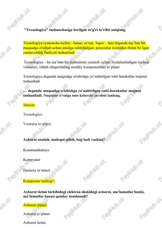 lar va jarayonlar nima deb ataladi? axborot texnologiyasi axborot tizimi axbor resurslari telekommunikatsiya tizimi axborotni to‘plash, saqlash, qayta ishlah va undan foydalanish imkonini beradigan, tashkiliy jihatdan tartibga solingan axborot resurslari, texnologiyalari va aloqa vositalari nima deb ataladi? axborot tizimi axborot texnologiyasi axbor resurslari telekommunikatsiya tizimi o‘qitish va tarbiyalashning psixologik-pedagogik maqsadlarini amalga oshirishga qaratilgan zamonaviy akt texnologiyalarini ishlab chiqish va ulardan optimal foydalanish metodologiyasi, texnologiyasi va amaliyoti bilan ta’minlash va foydalanish jarayoni deganda nima tushuniladi? ta’limni axborotlashtirish ta’limda innovatsiyalar o‘qitishning yangi shakllari multimedia atamasi nimani anglatadi? bu "ko‘p muhitlilik" degan ma‘noni anglatadi, ya’ni. kompyuter tizimida tovush, matn, video va tasvirlarni birlashtirish imkonini beruvchi zamonaviy texnologiyani bu tasvirlar va grafik ob’ektlardan iborat matnlarni qayta ishlash dasturini anglatadi video va tasvirlarni dasturlash tizimini rasm, video kodlarini raqamli shaklga aylantirish dasturini … - o'quv-tarbiya jarayonida uni optimallashtirish maqsadida axborotni taqdim qilish va unga ishlov berish uchun qo'llaniladigan, didaktik ta'minotga ega bo'lgan texnika vositalari majmui …