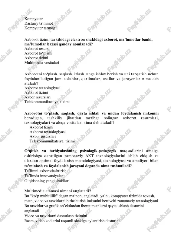 ar va jarayonlar nima deb ataladi? axborot texnologiyasi axborot tizimi axbor resurslari telekommunikatsiya tizimi axborotni to‘plash, saqlash, qayta ishlah va undan foydalanish imkonini beradigan, tashkiliy jihatdan tartibga solingan axborot resurslari, texnologiyalari va aloqa vositalari nima deb ataladi? axborot tizimi axborot texnologiyasi axbor resurslari telekommunikatsiya tizimi o‘qitish va tarbiyalashning psixologik-pedagogik maqsadlarini amalga oshirishga qaratilgan zamonaviy akt texnologiyalarini ishlab chiqish va ulardan optimal foydalanish metodologiyasi, texnologiyasi va amaliyoti bilan ta’minlash va foydalanish jarayoni deganda nima tushuniladi? ta’limni axborotlashtirish ta’limda innovatsiyalar o‘qitishning yangi shakllari multimedia atamasi nimani anglatadi? bu "ko‘p muhitlilik" degan ma‘noni anglatadi, ya’ni. kompyuter tizimida tovush, matn, video va tasvirlarni birlashtirish imkonini beruvchi zamonaviy texnologiyani bu tasvirlar va grafik ob’ektlardan iborat matnlarni qayta ishlash dasturini anglatadi video va tasvirlarni dasturlash tizimini rasm, video kodlarini raqamli shaklga aylantirish dasturini … - o'quv-tarbiya jarayonida uni optimallashtirish maqsadida axborotni taqdim qilish va unga ishlov berish uchun qo'llaniladigan, didaktik ta'minotga ega bo'lgan texnika vositalari majmui …