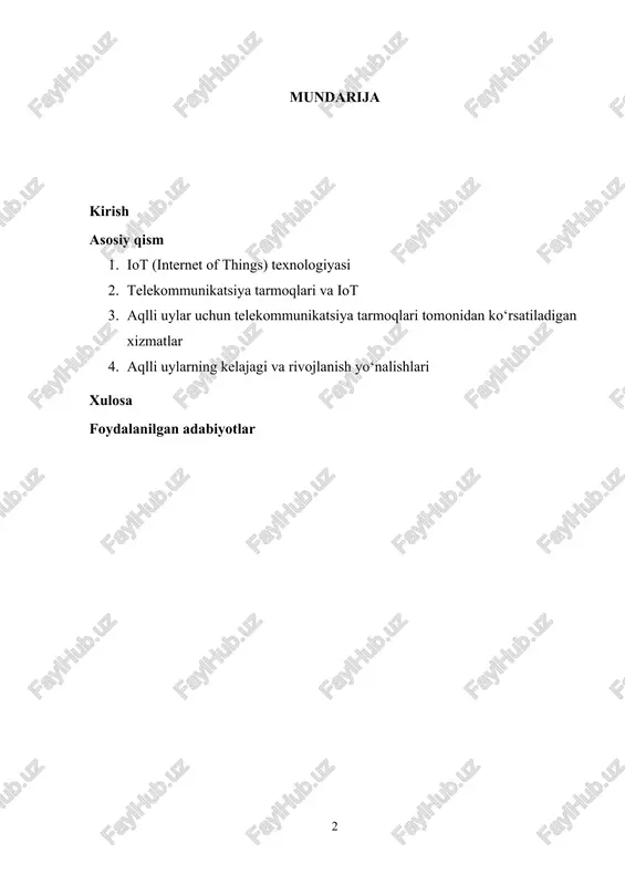 ariga moslashtirishni ta'minlaydi. bularning barchasi telekommunikatsiya tarmoqlarining rivojlanishi va iot qurilmalarining uzluksiz ishlashini talab qiladi. shu sababli, aqlli uylar yaratishda telekommunikatsiya tarmoqlari, tarmoqqa ulanishning xavfsizligi va barqarorligi, hamda iot tizimlarining samarali ishlashi katta ahamiyatga ega. aqlli uylar tizimlarining ishlashi uchun samarali tarmoqlar zarur. bu esa 5g texnologiyalari, wi-fi, bluetooth va boshqa tarmoq protokollarini talab qiladi. ushbu tarmoqlar orqali qurilmalar o‘rtasidagi aloqa tezligi va uzluksizligi ta'minlanadi. shu bilan birga, ma'lumotlarni xavfsiz uzatish, autentifikatsiya qilish, maxfiylikni saqlash kabi masalalar iot asosidagi aqlli uylar yaratishda muhim omillardan biridir. maqsadimiz — iot texnologiyalariga asoslangan aqlli uylarning telekommunikatsiya tarmoqlari bilan o‘zaro aloqasi, foydalanuvchiga taqdim etiladigan xizmatlar, tizimlar va ularning afzalliklarini chuqur tahlil qilishdir. bunda aqlli uylarning xavfsizligi, energiya samaradorligi, qulaylik va hayot sifatini oshirishdagi o‘rni o‘rganiladi. shuningdek, aqlli uylar tizimining ishlashi uchun zarur bo‘lgan texnologiyalar, protokollar va tarmoq resurslari ham tahlil qilinadi. ushbu tadqiqotda quyidagi savollarga javob berishga harakat qilinadi: · aqlli uylar tizimlari qanday …