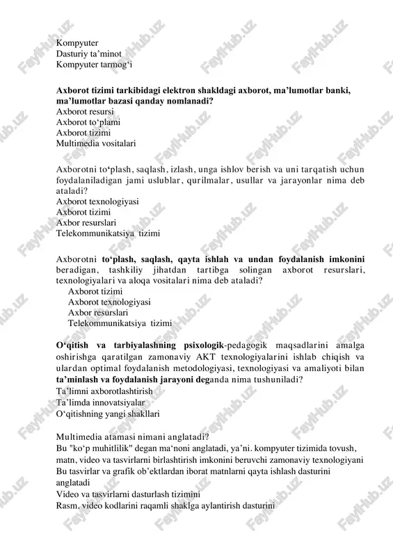 ar va jarayonlar nima deb ataladi? axborot texnologiyasi axborot tizimi axbor resurslari telekommunikatsiya tizimi axborotni to‘plash, saqlash, qayta ishlah va undan foydalanish imkonini beradigan, tashkiliy jihatdan tartibga solingan axborot resurslari, texnologiyalari va aloqa vositalari nima deb ataladi? axborot tizimi axborot texnologiyasi axbor resurslari telekommunikatsiya tizimi o‘qitish va tarbiyalashning psixologik-pedagogik maqsadlarini amalga oshirishga qaratilgan zamonaviy akt texnologiyalarini ishlab chiqish va ulardan optimal foydalanish metodologiyasi, texnologiyasi va amaliyoti bilan ta’minlash va foydalanish jarayoni deganda nima tushuniladi? ta’limni axborotlashtirish ta’limda innovatsiyalar o‘qitishning yangi shakllari multimedia atamasi nimani anglatadi? bu "ko‘p muhitlilik" degan ma‘noni anglatadi, ya’ni. kompyuter tizimida tovush, matn, video va tasvirlarni birlashtirish imkonini beruvchi zamonaviy texnologiyani bu tasvirlar va grafik ob’ektlardan iborat matnlarni qayta ishlash dasturini anglatadi video va tasvirlarni dasturlash tizimini rasm, video kodlarini raqamli shaklga aylantirish dasturini … - o'quv-tarbiya jarayonida uni optimallashtirish maqsadida axborotni taqdim qilish va unga ishlov berish uchun qo'llaniladigan, didaktik ta'minotga ega bo'lgan texnika vositalari majmui …