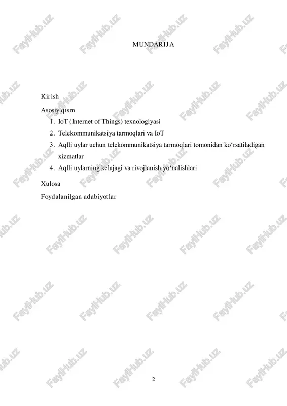 tiyojlariga moslashtirishni ta'minlaydi. bularning barchasi telekommunikatsiya tarmoqlarining rivojlanishi va iot qurilmalarining uzluksiz ishlashini talab qiladi. shu sababli, aqlli uylar yaratishda telekommunikatsiya tarmoqlari, tarmoqqa ulanishning xavfsizligi va barqarorligi, hamda iot tizimlarining samarali ishlashi katta ahamiyatga ega. aqlli uylar tizimlarining ishlashi uchun samarali tarmoqlar zarur. bu esa 5g texnologiyalari, wi-fi, bluetooth va boshqa tarmoq protokollarini talab qiladi. ushbu tarmoqlar orqali qurilmalar o‘rtasidagi aloqa tezligi va uzluksizligi ta'minlanadi. shu bilan birga, ma'lumotlarni xavfsiz uzatish, autentifikatsiya qilish, maxfiylikni saqlash kabi masalalar iot asosidagi aqlli uylar yaratishda muhim omillardan biridir. 4 maqsadimiz — iot texnologiyalariga asoslangan aqlli uylarning telekommunikatsiya tarmoqlari bilan o‘zaro aloqasi, foydalanuvchiga taqdim etiladigan xizmatlar, tizimlar va ularning afzalliklarini chuqur tahlil qilishdir. bunda aqlli uylarning xavfsizligi, energiya samaradorligi, qulaylik va hayot sifatini oshirishdagi o‘rni o‘rganiladi. shuningdek, aqlli uylar tizimining ishlashi uchun zarur bo‘lgan texnologiyalar, protokollar va tarmoq resurslari ham tahlil qilinadi. ushbu tadqiqotda quyidagi savollarga javob berishga harakat qilinadi:  aqlli uylar tizimlari …