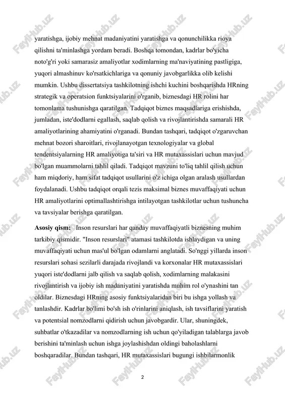 iste'dodlarni egallash, saqlab qolish va rivojlantirishda samarali hr amaliyotlarining ahamiyatini o'rganadi. bundan tashqari, tadqiqot o'zgaruvchan mehnat bozori sharoitlari, rivojlanayotgan texnologiyalar va global tendentsiyalarning hr amaliyotiga ta'siri va hr mutaxassislari uchun mavjud bo'lgan muammolarni tahlil qiladi. tadqiqot mavzuni to'liq tahlil qilish uchun ham miqdoriy, ham sifat tadqiqot usullarini o'z ichiga olgan aralash usullardan foydalanadi. ushbu tadqiqot orqali tezis maksimal biznes muvaffaqiyati uchun hr amaliyotlarini optimallashtirishga intilayotgan tashkilotlar uchun tushuncha va tavsiyalar berishga qaratilgan. asosiy qism: inson resurslari har qanday muvaffaqiyatli biznesning muhim tarkibiy qismidir. "inson resurslari" atamasi tashkilotda ishlaydigan va uning muvaffaqiyati uchun mas'ul bo'lgan odamlarni anglatadi. so'nggi yillarda inson resurslari sohasi sezilarli darajada rivojlandi va korxonalar hr mutaxassislari yuqori iste'dodlarni jalb qilish va saqlab qolish, xodimlarning malakasini rivojlantirish va ijobiy ish madaniyatini yaratishda muhim rol o'ynashini tan oldilar. biznesdagi hrning asosiy funktsiyalaridan biri bu ishga yollash va tanlashdir. kadrlar bo'limi bo'sh ish o'rinlarini aniqlash, ish tavsiflarini yaratish va potentsial nomzodlarni …