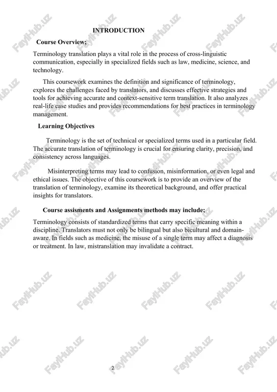 ursework is to provide an overview of the translation of terminology, examine its theoretical background, and offer practical insights for translators. course assisments and assignments methods may include; terminology consists of standardized terms that carry specific meaning within a discipline. translators must not only be bilingual but also bicultural and domain-aware. in fields such as medicine, the misuse of a single term may affect a diagnosis or treatment. in law, mistranslation may invalidate a contract. i. translation of terminology: challenges, strategies, and practical approaches 1.1 the nature of terminology in a globalized world, where cross-border communication is vital, translation has become a key tool in transferring knowledge, ideas, and information between cultures. among the many aspects of translation, terminology translation is of particular importance in technical, scientific, legal, and medical fields, where precise meaning and consistency are crucial. this paper explores the nature of terminology, the specific challenges it poses …