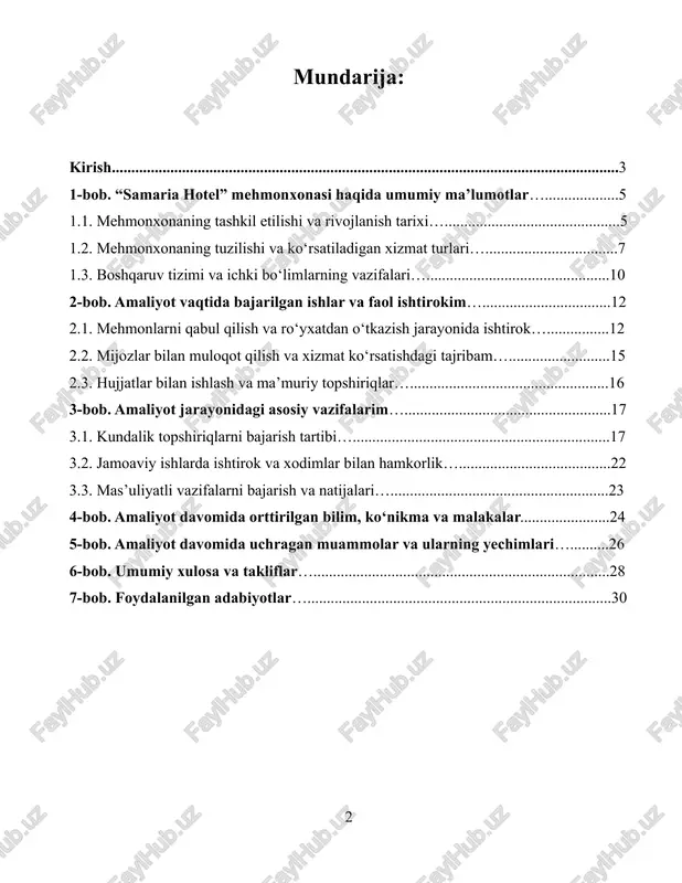 ...........28 7-bob. foydalanilgan adabiyotlar…..............................................................................30 kirish men, tolmosova zarina g‘ulomjon qizi, samarqand iqtisodiyot va servis instituti mxt-123 guruh talabasi sifatida, 2025 yil 12 maydan 21 iyungacha «samaria hotel» («diyora mir» mchj) mehmonxonasida 6 haftalik malakaviy amaliyotni o‘tab chiqdim. ushbu amaliyot menga nazariy bilimlarni amaliyotda qo‘llash, mehmonxona ish faoliyati bilan yaqindan tanishish imkonini berdi. bugungi kunda o‘zbekiston respublikasi prezidenti tomonidan xizmat ko‘rsatish sohasini rivojlantirishga katta e’tibor qaratilmoqda. jumladan, 2020 yil 27 yanvardagi “o‘zbekiston respublikasining 2020–2025 yillarda turizm sohasini rivojlantirish konsepsiyasi to‘g‘risida”gi qaror mamlakatimizda mehmonxonalar va turizm xizmatlarini sifatini oshirishga yo‘naltirilgan. shu sababli, men amaliyot davomida zamonaviy xizmat ko‘rsatishning asosiy mezonlari bilan tanishib, ularni amaliyotda qo‘llashga harakat qildim. «samaria hotel» mehmonxonasi samarqand shahrida joylashgan bo‘lib, tezkor xizmat ko‘rsatish, zamonaviy ichki dizayn va mehmondo‘stligi bilan ajralib turadi. bu mehmonxona, prezident qarorlarida belgilangan sifat standartlarini ta’minlashda faol ishtirok etmoqda. amaliyot davomida men mehmonlarni kutib olish, ro‘yxatdan o‘tkazish, mijozlar bilan muloqot qilish, shuningdek, ma’muriy ishlar va …