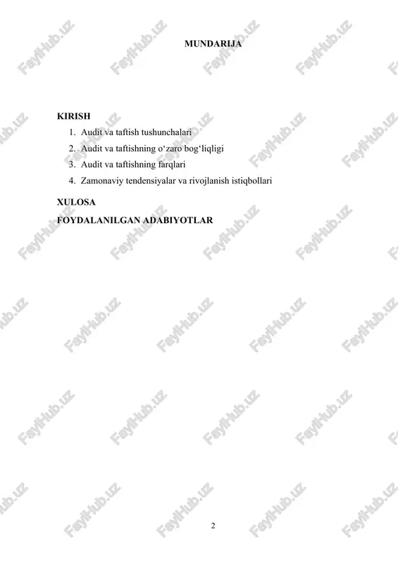 n foydalanish tartibi jihatidan farqlar mavjud. ushbu referatda audit va taftishning o‘zaro bog‘liqligi, ularning farqlari, amaliyotda qanday qo‘llanilishi va har ikkala jarayonning tashkilotlar uchun ahamiyati batafsil tahlil qilinadi. mavzuning dolzarbligi shundaki, bugungi kunda tashkilotlarning moliyaviy shaffofligini ta’minlash, korrupsiyaning oldini olish va samaradorlikni oshirish uchun sifatli audit va taftish tizimi muhim ahamiyat kasb etmoqda. shu bois, ushbu mavzuni chuqur o‘rganish va tahlil qilish bugungi iqtisodiy sharoitda katta ahamiyatga ega. 1. audit va taftish tushunchalari audit va taftish – tashkilotning moliyaviy va xo‘jalik faoliyatini tekshirishga qaratilgan ikki asosiy nazorat mexanizmi hisoblanadi. ular o‘zaro bog‘liq bo‘lsa-da, har biri o‘ziga xos maqsad va usullarga ega. audit odatda mustaqil ekspertlar tomonidan amalga oshirilsa, taftish esa ichki yoki tashqi nazorat organlari tomonidan olib boriladi. audit moliyaviy hisobotlarning to‘g‘riligini va ishonchliligini baholashga qaratilgan bo‘lsa, taftish asosan qonunbuzarliklarni aniqlash va oldini olish, moliyaviy resurslarning to‘g‘ri sarflanishini ta’minlashga yo‘naltirilgan. ikkala jarayon ham tashkilot faoliyatining samaradorligini oshirishda muhim ahamiyat kasb …