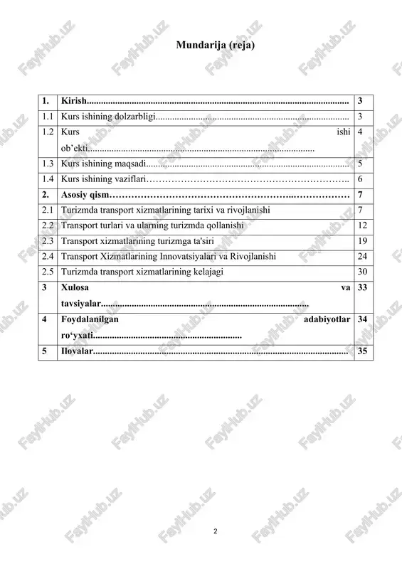 sifatli va samarali transport tizimi zarurdir. aynan shu omil turizmning geografik chegaralarini kengaytirish, sayyohlarning sayohat qilish imkoniyatlarini oshirish va turistik faoliyatlarni iqtisodiy jihatdan samarali qilishga yordam beradi. turizmda transport xizmatlarining ahamiyati: transport xizmatlarining turizmda o'rni juda katta. sayyohlar tomonidan qidirilayotgan qulay, xavfsiz va iqtisodiy transport turlari turizmning muvaffaqiyatli rivojlanishida muhim ahamiyatga ega. ayniqsa, uzoq masofalar orasida sayohat qilish uchun havo transporti, qisqa masofalar uchun avtomobil yoki temir yo'l transporti kabi xizmatlar sayohatchilarga qulaylik yaratadi. turizm sektori uchun transport tizimi sayyohlarning manzillarni, ob'ektlarni va turlarni oson va tezkor ravishda ziyorat qilishiga imkon beradi. bundan tashqari, transport tizimi turistik marşrutlarni tashkil etish, sayohatni qulay va xavfsiz qilish uchun ham muhimdir. turizmda transport xizmatlarining ahamiyatini o'rganish va bu xizmatlarning turizm sohasidagi o'rni, rivojlanishi hamda kelajakdagi tendentsiyalarini tahlil qilishdir. shuningdek, turizm va transport tizimi o'rtasidagi o'zaro bog'liqlikni chuqur tahlil qilish va transport xizmatlarining turizmni rivojlantirishdagi rolini aniqlash ham kurs ishining muhim vazifalaridan biridir.[footnoteref:1] [1: …