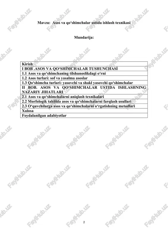 larni hal qilish yo‘llari tahlil qilinadi. tilshunoslikda so‘zning asos va qoʻshimchalari uning mazmuni, grammatik funksiyasi va qoʻllanilish imkoniyatlarini belgilaydi. hozirgi kunda maktab va oliy taʼlim muassasalarida ona tili darslarida asos va qoʻshimchalar bilan ishlash metodikasini toʻgʻri tashkil etish oʻquvchilarning grammatik bilimlarini mustahkamlashda katta ahamiyatga ega. ushbu mavzuning dolzarbligi shundaki, tilni oʻrganuvchilarning morfologik tahlil qilish koʻnikmalari zamonaviy taʼlim talablariga mos kelishi lozim. shu sababli asos va qoʻshimchalar ustida ishlash texnikasi til oʻrgatish metodikasida muhim mavzular qatoridan joy oladi. bu texnika nafaqat nazariy bilimlarni oshirish, balki amaliy darslarda samarali natijalar olish imkonini beradi. asos – mustaqil soʻzning maʼnoviy va grammatik yadrosi boʻlib, u yangi soʻzlar yasashga asos boʻladi. asos turlari sof va yasalma asoslarga boʻlinadi. qoʻshimcha esa asosga qoʻshilib, yangi soʻz yasalishiga yoki soʻzning grammatik shakli oʻzgarishiga xizmat qiladi. qoʻshimchalar yasovchi va shakl yasovchi turlarga ajratiladi. yasovchi qoʻshimchalar soʻz yasash jarayonida ishtirok etsa, shakl yasovchi qoʻshimchalar soʻzning grammatik shaklini oʻzgartiradi (masalan, son, …