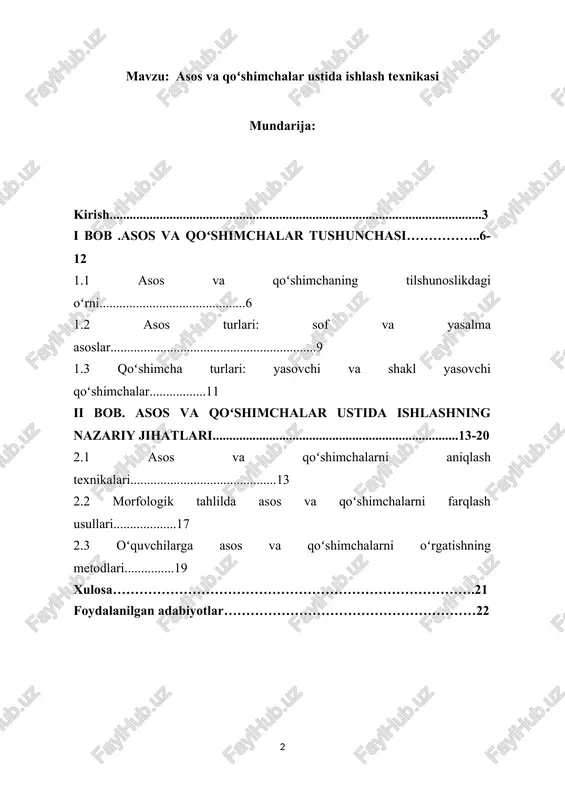 bilan ishlash usullarini tahlil qilishdan iboratdir. ushbu mavzu oʻquvchilarning morfologik tahlil qilish koʻnikmalarini shakllantirishga yordam beradi, bu esa ularning til bilimini chuqurlashtirishga xizmat qiladi. kurs ishida asos va qoʻshimchalar tushunchasi, ularning tasnifi, oʻqitish usullari va dars jarayonida ulardan foydalanish metodikasi oʻrganiladi. shuningdek, o‘quvchilarning asos va qoʻshimchalarni to‘g‘ri aniqlashda duch keladigan muammolari va ularni hal qilish yo‘llari tahlil qilinadi. tilshunoslikda so‘zning asos va qoʻshimchalari uning mazmuni, grammatik funksiyasi va qoʻllanilish imkoniyatlarini belgilaydi. hozirgi kunda maktab va oliy taʼlim muassasalarida ona tili darslarida asos va qoʻshimchalar bilan ishlash metodikasini toʻgʻri tashkil etish oʻquvchilarning grammatik bilimlarini mustahkamlashda katta ahamiyatga ega. ushbu mavzuning dolzarbligi shundaki, tilni oʻrganuvchilarning morfologik tahlil qilish koʻnikmalari zamonaviy taʼlim talablariga mos kelishi lozim. shu sababli asos va qoʻshimchalar ustida ishlash texnikasi til oʻrgatish metodikasida muhim mavzular qatoridan joy oladi. bu texnika nafaqat nazariy bilimlarni oshirish, balki amaliy darslarda samarali natijalar olish imkonini beradi. asos – mustaqil soʻzning maʼnoviy va grammatik …