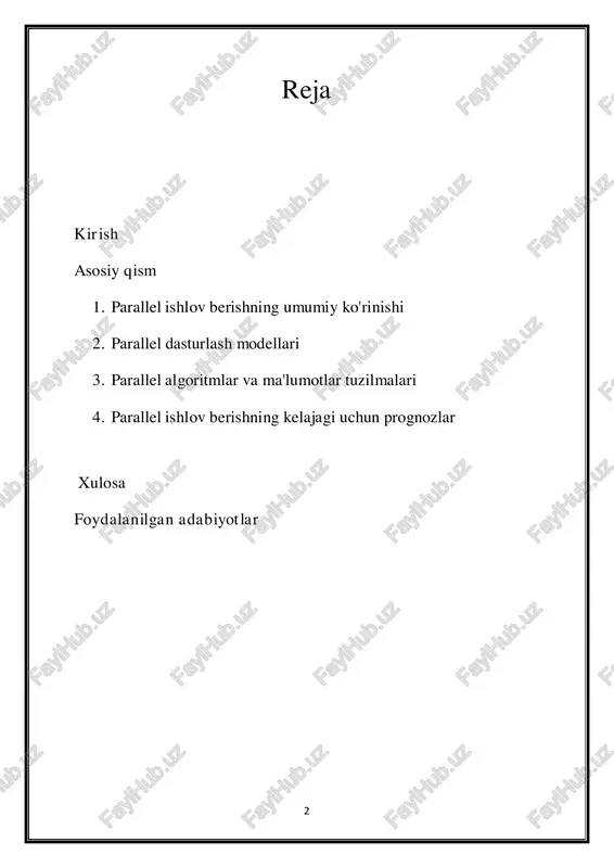 tur domenlarini joylashtirish uchun mo'ljallangan arxitektura va dasturlash modellarining boy gobelenini o'z ichiga oladi. umumiy xotirali multiprotsessorlardan taqsimlangan hisoblash klasterlari va grafik ishlov berish birliklari (gpu) kabi ixtisoslashtirilgan tezlatgichlargacha parallel ishlov berish arxitekturalari muayyan ishlash ko'rsatkichlari va miqyoslash talablari uchun optimallashtirilgan dizaynlar spektrini o'z ichiga oladi. bundan tashqari, parallel dasturlash modellari, masalan, xabarlarni uzatish va umumiy xotirada parallellik, ishlab chiquvchilarga parallellikni ifodalash va asosiy apparat resurslaridan samarali foydalanish uchun abstraktsiyalarni taqdim etadi. parallel ishlov 4 berishning jozibali va'dalariga qaramay, uning to'liq potentsialini ro'yobga chiqarish qiyinchiliklar labirintida harakat qilishni talab qiladi. sinxronizatsiya uchun qo'shimcha xarajatlar, yuklarning nomutanosibligi, ma'lumotlarga bog'liqlik va masshtablilik muammolari parallel ravishda samarali amalga oshirish yo'lida katta to'siqlar bo'lib qoladi. bundan tashqari, parallel algoritmlarni loyihalash va optimallashtirish parallellik nazorati, aloqa naqshlari va apparat xususiyatlarini chuqur tushunishni talab qiladi. shunga qaramay, ushbu qiyinchiliklar orasida innovatsiyalar uchun cheksiz imkoniyatlar maydoni mavjud, chunki parallel ishlov berish ilmiy kashfiyotlar, hisoblash ijodkorligi va jamiyat …