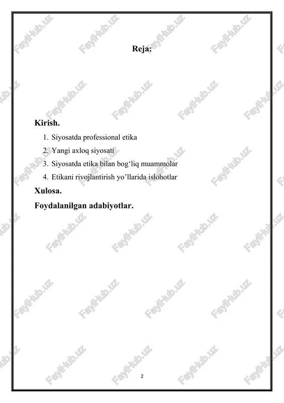 jamiyatda ma’naviy muvozanatni saqlashga, insonlarning bir-biriga bo‘lgan munosabatlarini yaxshilashga va fuqarolik madaniyatini rivojlantirishga xizmat qiladi. siyosatning axloqiy tamoyillar bilan uyg‘unlashuvi jamiyat uchun muhim ahamiyat kasb etadi. chunki siyosiy qarorlar ko‘pincha jamiyatning axloqiy qadriyatlariga mos bo‘lishi kerak. agar siyosatchilar o‘z faoliyatida axloqiy me’yorlarni inobatga olmasalar, bu jamoat ishonchini yo‘qotishiga, siyosiy tizimda korruptsiya va adolatsizliklarning kuchayishiga olib kelishi mumkin. shu sababli, siyosiy jarayonlarda axloqiy qadriyatlar ustuvor o‘rin tutishi lozim. shunday qilib, siyosat va axloqiy qadriyatlar jamiyatda ijtimoiy barqarorlik va adolatni ta’minlashda muhim o‘rin egallaydi. ularning bir-biriga ta’siri kuchli bo‘lib, jamiyat rivoji va davlat boshqaruvining sifati ularga amal qilinishiga bog‘liq. siyosatda etika — siyosatchilarning o‘z faoliyatida axloqiy tamoyillar va me’yorlarga rioya qilish majburiyati va ularga asoslangan qarorlar qabul qilishni anglatadi. siyosiy etika siyosatchilar o‘z faoliyatida adolat, halollik, ochiqlik va jamoat manfaatlarini himoya qilish kabi asosiy qoidalarga tayanishini talab qiladi. bunday axloqiy tamoyillar siyosatni jamiyat uchun ma’qul va ishonchli qilishda muhim rol o‘ynaydi. siyosatda …