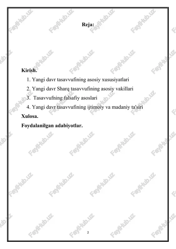 latni yaxshilashga intiladi. sharq madaniyatidagi o‘rni: tasavvuf, sharq madaniyatida katta o‘ringa ega bo‘lib, u nafaqat diniy, balki falsafiy va san'atda ham o‘z ifodasini topgan. tasavvufiy g‘oyalar, shuningdek, ko‘plab adabiy asarlar, she'riyat, musiqalar va san'at asarlarida aks etadi. 1. adabiyot: tasavvufiy shoirlar, masalan, jaloliddin rumi, ibn arabi va al-ghazali, o‘z asarlarida tasavvufiy g‘oyalarni chuqur ifodalaganlar. ularning asarlari, inson ruhiyatining turli qirralarini, sevgi, hamdardlik va bir-birini tushunishni ko‘rsatadi. 2. san'at: tasavvuf, san'at orqali ham o‘z ifodasini topgan. musiqa, raqs va tasviriy san'atlar tasavvufiy his-tuyg‘ularni ifodalashda muhim ahamiyatga ega. masalan, sufi raqslari (sufiylar raqslari) ilohiy hissiyotlarni oshirish maqsadida o‘tkaziladi. 3. ijtimoiy hayot: tasavvuf, ijtimoiy adolat, insoniyatni sevish va yordam berish g‘oyalarini tarqatishga qaratilgan. tasavvufiy masjidlar, ziyoratgohlar va dargohlar, ijtimoiy hayotda muhim rol o‘ynaydi. tasavvuf, sharq madaniyatida nafaqat diniy, balki ruhiy va ma’naviy taraqqiyot uchun zaruriy omil bo‘lib qolmoqda. u, insonni o‘z ichki dunyosi bilan muloqotga kiritish, xudoga yaqinlashish va ma’naviy taraqqiyotga erishishda yo‘l …