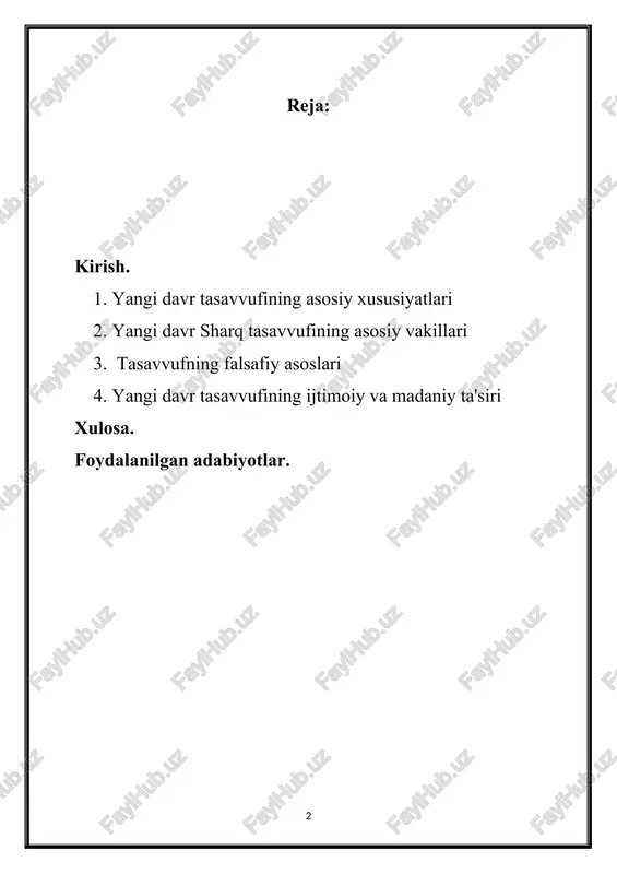 qiladi, bunday munosabatlar orqali ruhiy holatni yaxshilashga intiladi. sharq madaniyatidagi o‘rni: tasavvuf, sharq madaniyatida katta o‘ringa ega bo‘lib, u nafaqat diniy, balki falsafiy va san'atda ham o‘z ifodasini topgan. tasavvufiy g‘oyalar, shuningdek, ko‘plab adabiy asarlar, she'riyat, musiqalar va san'at asarlarida aks etadi. 1. adabiyot: tasavvufiy shoirlar, masalan, jaloliddin rumi, ibn arabi va al-ghazali, o‘z asarlarida tasavvufiy g‘oyalarni chuqur ifodalaganlar. ularning asarlari, inson ruhiyatining turli qirralarini, sevgi, hamdardlik va bir-birini tushunishni ko‘rsatadi. 2. san'at: tasavvuf, san'at orqali ham o‘z ifodasini topgan. musiqa, raqs va tasviriy san'atlar tasavvufiy his-tuyg‘ularni ifodalashda muhim ahamiyatga ega. masalan, sufi raqslari (sufiylar raqslari) ilohiy hissiyotlarni oshirish maqsadida o‘tkaziladi. 3. ijtimoiy hayot: tasavvuf, ijtimoiy adolat, insoniyatni sevish va yordam berish g‘oyalarini tarqatishga qaratilgan. tasavvufiy masjidlar, ziyoratgohlar va dargohlar, ijtimoiy hayotda muhim rol o‘ynaydi. tasavvuf, sharq madaniyatida nafaqat diniy, balki ruhiy va ma’naviy taraqqiyot uchun zaruriy omil bo‘lib qolmoqda. u, insonni o‘z ichki dunyosi bilan muloqotga kiritish, xudoga yaqinlashish …
