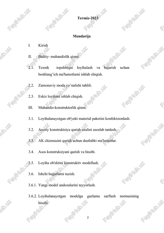 ha amaliy tadbirlarni yo’lga qo’yish yengil sanoat tarmoqlarining xududlararo taqsimlanishidagi nomutanosiblik muammolarini hal etish xisoblanadi. yengil sanoatdagi o’zgargan vaziyatlar, kichik firma va qo’shma korxonalarni tashkil etish, assortimentni tez-tez yangilanadigan va tez moslashadigan texnologik «tugallangan sikllar» kompleksini yaratish (ya'ni, tolalarni qayta ishlashdan boshlab tayyor buyum chiqarishgacha) sohasi bo’yicha mutaxassislar tayyorlash jarayoniga yangicha yondoshuvni talab kiladi. zamonaviy mutaxassis bir vaqtning o’zida dizayner, konstruktor-texnolog, marketolog va o’z maxsulotini muvaffaqiyatli sotuvchi kabi vazifalarini bajarishi kerak. o’zbekistonda to’qimachilik va engil sanoat rivojlanishi uchun katta miqdordagi tabiiy xom ashyo resurslari mavjud. ushbu resurslardan tayyor maxsulot olib chiqarib, avvalo ichki bozorimizni to’ldirib, so’ngra sifatli va raqobatbardosh maxsulot, buyumlar bilan jahon bozoriga chiqish respublikamiz iqtisodiyotining yetakchi yo’nalishlaridan biridir. shunday qilib, o’zbekistonda yengil sanoatni jadal rivojlanishini davlat tomonidan faol innavatsion siyosat yuritilishini taqazo etar ekan, bundan ko’zlangan maqsad ishlab chiqarish texnologik darajasi va raqobatbardoshligini oshirishdir. zamonaviy moda yo’nalishi zamonaviy moda yildan yilga o’zgarib rivojlanib boradi. bugungi kunga kelib zamonaviy …