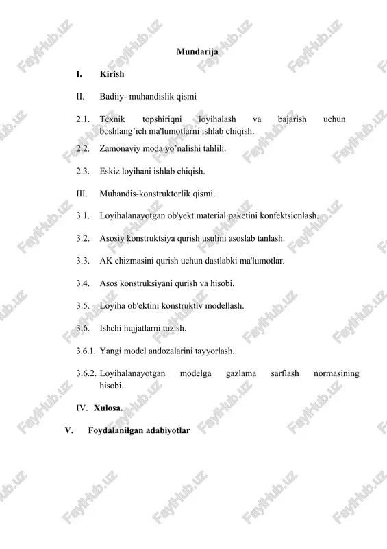 hsulotlarni ishlab chiqarishdir. bu shartlarni bajarish uchun mahsulot ishlab chiqarishni doimo takomillashtirish, yangi buyum loyihalash jarayonini tezlashtirish zarur. yengil sanoat tarmogʼini rivojlantirishning yana bir muxim omili boʼlib, ilm fan yutuqlaridan amaliyotda foydalanish, yangi texnika-texnologiyalarni joriy etish boʼyicha amaliy tadbirlarni yoʼlga qoʼyish yengil sanoat tarmoqlarining xududlar aro taqsimlanishidagi nomutanosiblik muammolarini hal etish xisoblanadi. yengil sanoatdagi oʼzgargan vaziyatlar, kichik firma va qoʼshma korxonalarni tashkil etish, assortimentni tez-tez yangilanadigan va tez moslashadigan texnologik «tugallangan sikllar» kompleksini yaratish (yaʼni, tolalarni kayta ishlashdan boshlab tayyor buyum chikarishgacha) soxasi boʼyicha mutaxassislar tayyorlash jarayoniga yangicha yondoshuvni talab kiladi. zamonaviy mutaxassis bir vaktning oʼzida dizayner, konstruktor, texnolog, marketolog va oʼz maxsulotini muvaffakiyatli sotuvchi kabi vazifalarini bajarishi kerak .keyingi qisqa davr ichida qator hududlarda–toshkent, qashqadaryo, andijon, namangan va boshqa viloyatlarda zamonaviy toʼqimachilik va tikuvchilik korxonalari qurib ishga tushirildi. oʼzbekistonda toʼqimachilik va yengil sanoat rivojlanishi uchun katta mikdordagi tabiiy xom ashyo resurslari mavjud. ushbu resurslardan tayyor maxsulot olib chiqarib, avvalo …