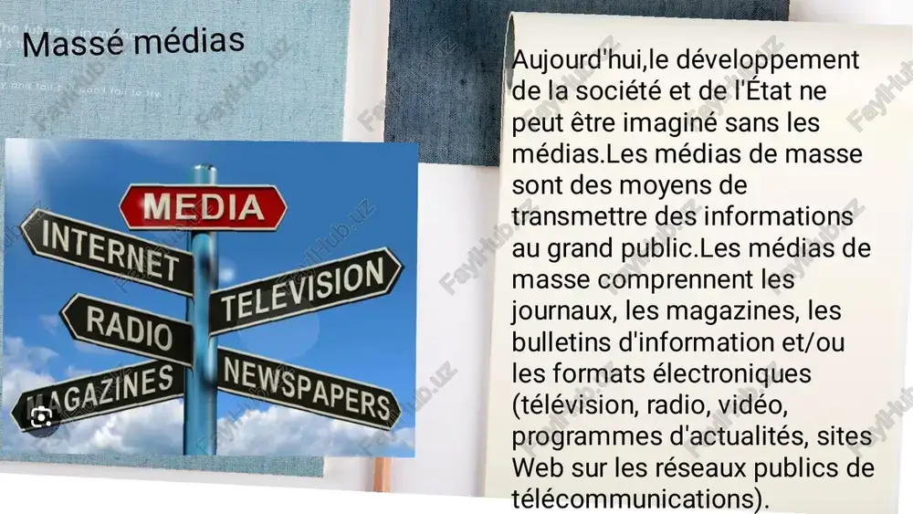 ios de télévision par câble. 1 2 3 4 médias de masse d'ouzbékistan 680 journaux 194 revues 4 sociétés nationales de télévision et de radio 34 studios de télévision et de radio aujourd'hui, les chaînes de médias de masse ont leurs propres versions sur internet. bref, nos médias de masse entrent dans le système du journalisme mondialisé merci pour votre attention! toshkent,2024