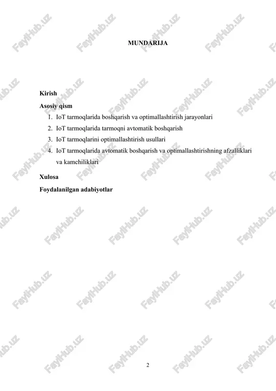 atik sozlash va muammolarni aniqlash imkoniyatini yaratadi. avtomatik boshqarish tarmoqni tezda optimallashtirish va resurslarni samarali taqsimlashga yordam beradi, bu esa tarmoqning ish faoliyatini yaxshilaydi va resurslardan maksimal darajada foydalanishga imkon beradi. iot tarmoqlarida boshqaruv va optimallashtirishning ahamiyati juda katta, chunki ular real vaqt rejimida ishlashini va yuqori darajada ishonchli bo‘lishini talab qiladi. tarmoqning samarali boshqarilishi va optimallashtirilishi foydalanuvchilar uchun yanada yuqori sifatli xizmatlarni taqdim etish, energiya sarfini kamaytirish, va xavfsizlikni oshirish imkonini beradi. shuning uchun, iot tarmoqlarida boshqaruvni avtomatik ravishda amalga oshirish va optimallashtirish texnologiyalari sohasidagi yangi yondashuvlar kelajakda tarmoqni boshqarishning yanada samarali va xavfsiz tizimlarini yaratishga yordam beradi. 1. iot tarmoqlarida boshqarish va optimallashtirish jarayonlari iot (internet of things) tarmoqlari — bu bir-biriga ulanib ishlovchi, turli qurilmalardan tashkil topgan tizimlar bo‘lib, ular o‘zaro ma'lumot almashadi va real vaqt rejimida ishlaydi. iot tarmoqlarini boshqarish va optimallashtirish jarayonlari juda muhim ahamiyatga ega, chunki tarmoqning samarali ishlashi, resurslardan to‘g‘ri foydalanish va xavfsizlikni …