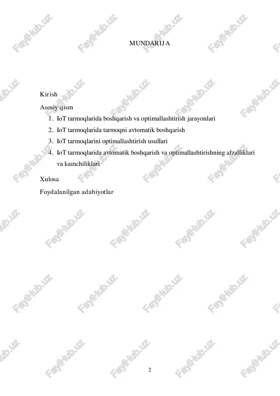 avtomatik sozlash va muammolarni aniqlash imkoniyatini yaratadi. avtomatik boshqarish tarmoqni tezda optimallashtirish va resurslarni samarali taqsimlashga yordam beradi, bu esa tarmoqning ish faoliyatini yaxshilaydi va resurslardan maksimal darajada foydalanishga imkon beradi. iot tarmoqlarida boshqaruv va optimallashtirishning ahamiyati juda katta, chunki ular real vaqt rejimida ishlashini va yuqori darajada ishonchli bo‘lishini talab qiladi. tarmoqning samarali boshqarilishi va optimallashtirilishi foydalanuvchilar uchun yanada yuqori sifatli xizmatlarni taqdim etish, energiya sarfini kamaytirish, va xavfsizlikni oshirish imkonini beradi. shuning uchun, iot tarmoqlarida boshqaruvni avtomatik ravishda amalga oshirish va optimallashtirish texnologiyalari sohasidagi yangi yondashuvlar kelajakda tarmoqni boshqarishning yanada samarali va xavfsiz tizimlarini yaratishga yordam beradi. 4 1. iot tarmoqlarida boshqarish va optimallashtirish jarayonlari iot (internet of things) tarmoqlari — bu bir-biriga ulanib ishlovchi, turli qurilmalardan tashkil topgan tizimlar bo‘lib, ular o‘zaro ma'lumot almashadi va real vaqt rejimida ishlaydi. iot tarmoqlarini boshqarish va optimallashtirish jarayonlari juda muhim ahamiyatga ega, chunki tarmoqning samarali ishlashi, resurslardan to‘g‘ri foydalanish va …