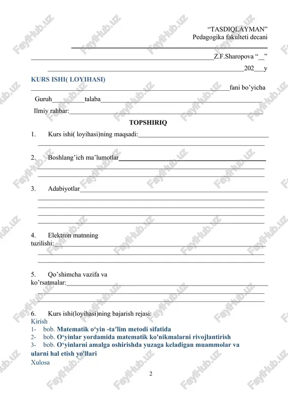 i amalga oshirishda yuzaga keladigan muammolar va ularni hal etish yo'llari 3.1. resurslar va materiallar yetishmasligi..........................................................26 3.2. o'qituvchilarning metodik tayyorgarligi.......................................................32 3.3. o'quvchilarning o'yinlarga munosabati.........................................................34 xulosa..................................................................................................................37 foydalanilgan adabiyotlar.................................................................................38 kirish hozirgi zamonaviy ta’lim jarayonida o’quvchilarning bilim olishga bo’lgan qiziqishini oshirish, ularning fikrlash qobiliyatini rivojlantirish, shuningdek, o’quv jarayonini samarali va qiziqarli tashkil etish muhim ahamiyatga ega. shu nuqtai nazardan matematik o'yinlar ta'lim metodlaridan biri sifatida keng qo'llanilmoqda. matematik o’yinlar o’quvchilarning faolligini oshirish, mavzuni o’zlashtirishga yordam berish va ularda mantiqiy fikrlash qobiliyatini shakllantirish uchun samarali vosita hisoblanadi. bugungi kunda o’quv jarayonida innovatsion yondashuvlarni qo’llash zarurati yanada oshgan. matematik o’yinlar ta'lim sifatini oshirishda, shuningdek, o’quvchilarning darsga bo’lgan motivatsiyasini kuchaytirishda muhim o’rin tutadi. bu mavzu nafaqat boshlang’ich ta'lim bosqichida, balki yuqori sinflarda ham dolzarb hisoblanadi. kurs ishining maqsad va vazifalari: ushbu kurs ishining asosiy maqsadi – matematik o’yinlarni ta’lim jarayonida samarali qo’llashning ahamiyatini o’rganish va ularning o’quvchilarning bilim olishiga ta’sirini tahlil qilishdir. mazkur maqsadga erishish uchun …
