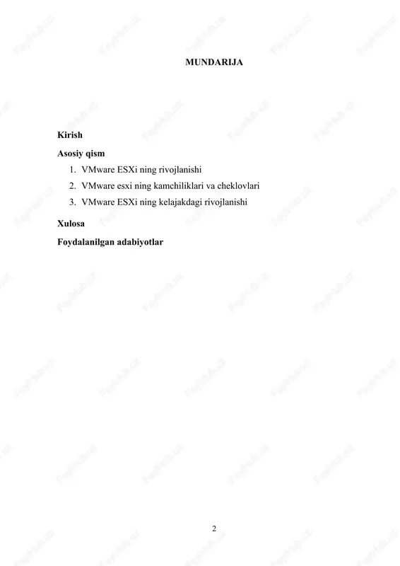 uhim vosita hisoblanadi. ushbu ishda vmware esxi ning tarixi, rivojlanishi, asosiy xususiyatlari va uning virtualizatsiya texnologiyalari sohasidagi o‘rni haqida so‘z yuritiladi. shuningdek, vmware esxi ning afzalliklari va kamchiliklari, shuningdek, uning kelajakdagi rivojlanish istiqbollari tahlil qilinadi. vmware esxi ning ishlash prinsipi, uning o‘rnatilishi va tizimlar o‘rtasidagi integratsiya imkoniyatlari haqida batafsil ma'lumot beriladi, bu esa virtualizatsiya infratuzilmasini tashkil etish va samarali boshqarish uchun zarur bilimlarni beradi. 1. vmware esxi ning rivojlanishi vmware esxi ning rivojlanishi, kompaniyaning virtualizatsiya texnologiyalariga bo‘lgan ilg‘or yondashuvi va tizimning mustahkam asoslari bilan bog‘liq. esxi dastlab 2001-yilda vmware tomonidan ishlab chiqilgan, biroq uning joriy shakli va imkoniyatlari asta-sekin yillar davomida rivojlanib, bugungi kunda yuqori darajada samarali va keng qo‘llaniladigan platformaga aylangan. quyida vmware esxi ning rivojlanish jarayoni va uning o‘zgarishlari haqida to‘liq ma'lumot beriladi. dastlabki versiyalar va yaratilish tarixi vmware kompaniyasining virtualizatsiya texnologiyalariga bo‘lgan ilg‘or yondashuvi 1998-yilda boshlanib, dastlabki vmware workstation va vmware esx versiyalari yaratilgan. vmware esx — …