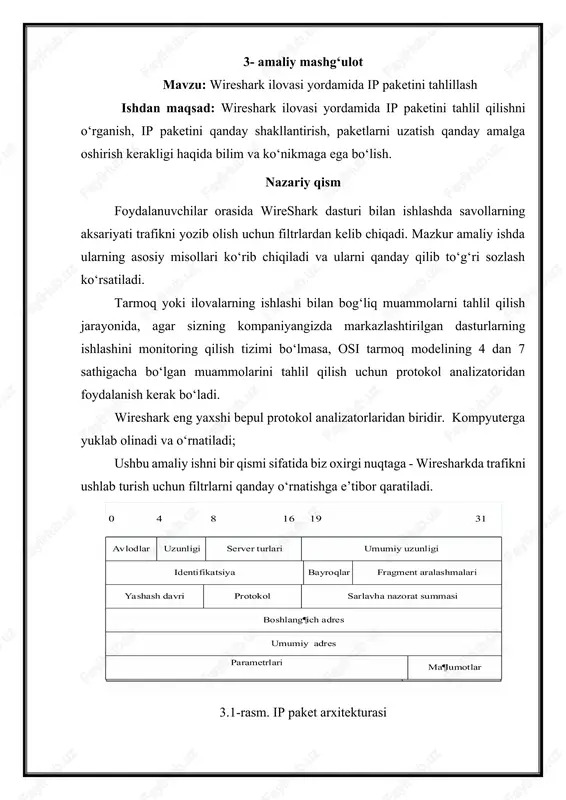 aqtda bu maydon internetda paketlarni uzatishda juda kam qo'llaniladi. ip protokolining ushbu amalga oshirilishi rfc 791, internet protokolida tasvirlangan ip spetsifikatsiyasiga mos keladi. summa uzunligi datagram uzunligi, oktetlarda, shu jumladan sarlavha. paket shlyuzdan o'tayotganda, uni qismlarga bo'lish va keyin maqsadli xostda qayta yig'ish mumkin. ip paketining umumiy uzunligi ifconfig buyrug'i yoki smit smit chinet buyrug'i yordamida har bir interfeys uchun mustaqil ravishda sozlanishi mumkin. smit doimiy ravishda konfiguratsiya ma'lumotlar bazasiga qiymatlarni yozadi. agar siz faol tizim uchun parametr qiymatlarini o'rnatmoqchi yoki o'zgartirmoqchi bo'lsangiz, ifconfig buyrug'idan foydalaning. identifikatsiya datagramni aniqlaydigan yagona butun sonni o'z ichiga oladi. bayroqlar ushbu maydon identifikator maydoni bilan birgalikda datagrammaning parchalanishini boshqarish uchun ishlatiladi. fragment bayroqlar maydoni datagrammaning parchalanishiga ruxsat berilganligini va bu fragment oxirgi ekanligini ko'rsatadi. fragment aralashmasi fragment aralashmasi 8 oktetli bloklarda ko'rsatilgan dastlabki datagrammada. yashash vaqti datagram internetda qolishi mumkin bo'lgan vaqt miqdorini belgilaydi. ushbu cheklov noto'g'ri datagramlarni o'chirishga imkon beradi. standart paketning ishlash …