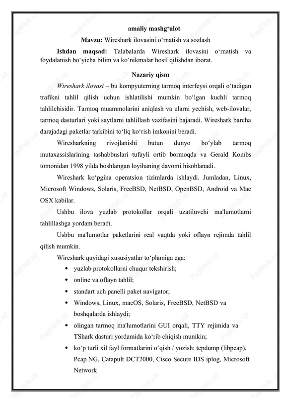 miti / finisar surveyor, tektronix k12xx, visual networks time up visual, wildpackets etherpeek / tokenpeek / airopeek va boshqalar. · onlayn ma’lumotlarni ethernet, ieee 802.11, ppp / hdlc, atm, bluetooth, usb, token ring, frame relay, fddi va boshqalardan o‘qish mumkin (platformaga qarab). · xml, postscript®, csv yoki oddiy matnga eksport qilinishi mumkin. amaliy qism wireshark ilovasini o‘natishdan oldin otga mos razryadli ilovani tanlash talab qilinadi. ushbu jarayon 1.1-rasmda keltrilgan 1.1-rasm. ot zarzyadini tanlab olish oynasi keyingi qadamda esa tanlangan ilovani sozlash ketma-ketligi bajariladi. 1.2-rasm. ilovani o‘rnatish jarayoni wireshark ilovasini sozlashda ilovaning ma’lum parametrlari ham sozlaniladi. 1.3-rasm. litsenziyaga rozilik bildirish wireshark ilovasidan qo‘shimcha ilovalarni o‘rnatish jarayoni quyidagi rasmda keltirlgan. 1.4-rasm. qo‘shimcha vositalar qo‘shish qo‘shimcha vositalardan keyin fayl kengaytmalarni ham sozlanadi. 1.5-rasm. fayl kengaytmalari va yorliqlarni o‘rnatish tanlangan ilovalarni sozlashda, ularni saqlash uchun joy talab etiladi. 1.6-rasm. ilova o‘rnatilish joyini ko‘rsatish ilovalarni sozlangandan keyin, trafikni tahlil qilish vositalari sozlaniladi. 1.7-rasm. trafigni tahlil …