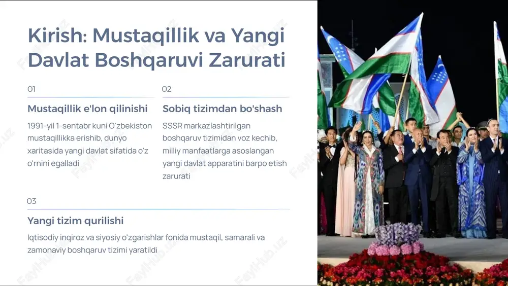 yaratildi raqamlashtirish elektron hukumat tizimi joriy qilinib, davlat xizmatlari raqamlashtirildi va fuqarolar uchun qulaylashtir<?di davlat xizmatini isloh qilish 1 2016-yil vazirlar mahkamasining qarori bilan davlat xizmatchilarining odob-axloq qoidalari tasdiqlandi 2 kadrlar siyosati kadrlarni tanlash va tayyorlash tizimi takomillashtirildi, davlat xizmatchilarining ijtimoiy himoyasi kuchaytirildi 3 modernizatsiya zamonaviy texnologiyalar joriy etilib, byurokratiya kamaytirildi, xizmat ko'rsatish sifati oshirildi davlat xizmati islohotlari 4 samaradorlik, shaffoflik va fuqarolarga xizmat ko'rsatish sifatini oshirishga qaratilgan kompleks chora-tadbirlar majmui fuqarolik jamiyati va demokratik tamoyillar fuqarolik jamiyati fuqarolik jamiyati institutlari rivojlantirildi, nodavlat notijorat tashkilotlarining faoliyati kengaytirildi, jamoatchilik nazorati kuchaytirildi so'z erkinligi so'z erkinligi va siyosiy pluralizm mustahkamlandi, ommaviy axborot vositalari mustaqilligi ta'minlandi sud-huquq tizimi sud-huquq tizimida chuqur islohotlar amalga oshirildi: mustaqil sud hokimiyati ta'minlandi, adolat mexanizmlari takomillashtirildi o'zbekiston respublikasi oliy majlisi binosi qonun chiqaruvchi hokimiyat markazi qonun ustuvorligi va demokratik boshqaruvning poydevori 4 millat vakillarining uyushgan joyi natijalar va o'zgarishlar 30+ yillar davomida mustaqillik davrida amalga oshirilgan davlat boshqaruvi …