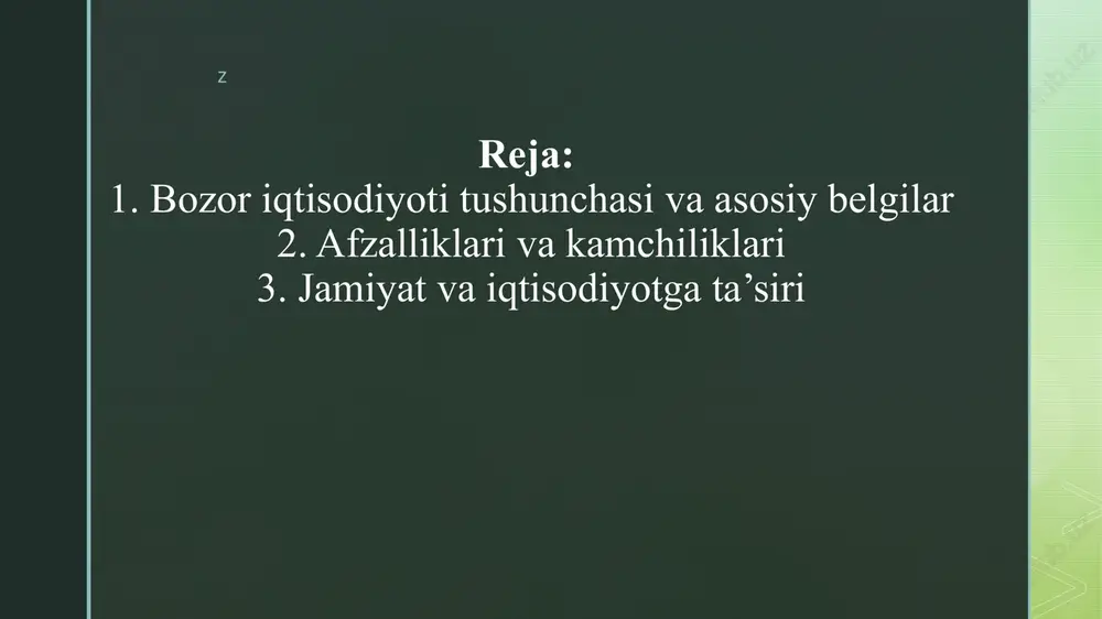 zlashtiradi. masalan, xususiy ishlab chiqaruvchi kompaniyalar yangi texnologiyalarni joriy qilish orqali raqobatchilarini ortda qoldiradi. z bozor iqtisodiyotining kamchiliklari bozor iqtisodiyoti bilan birga daromadlar tengsizligi paydo bo‘lishi mumkin. ayrim sohalarda monopoliyalar kuchayadi, bozor o‘zini-o‘zi boshqara olmasligi sababli iqtisodiy inqirozlar yuzaga keladi. shu sababli ijtimoiy himoya tizimi, subsidiyalar va nafaqalar zarur bo‘ladi. z iqtisodiy tizimlar taqqoslanishi rejalashtirilgan iqtisodiyotda davlat to‘liq boshqaradi, narxlar markazlashgan va raqobat mavjud emas. bozor iqtisodiyoti esa talab va taklifga asoslangan, tadbirkorlik erkin va narxlar bozor tomonidan belgilanadi. masalan, sobiq sssrda narxlar markaziy reja asosida belgilangan bo‘lsa, bozor iqtisodiyotida ular mustaqil ravishda shakllanadi. z bozor iqtisodiyotiga o‘tish zarurati bozor iqtisodiyotiga o‘tishning sabablari sifatida iqtisodiy samaradorlikni oshirish, mahsulot tanqisligini bartaraf etish, resurslardan oqilona foydalanish, ish o‘rinlarini yaratish va raqobat muhitini shakllantirish ko‘rsatish mumkin. masalan, o‘zbekistonda ishlab chiqarish sohalarida samaradorlikni oshirish uchun bosqichma-bosqich islohotlar amalga oshirildi. z o‘zbekistonda bozor iqtisodiyotiga o‘tish modeli o‘zbekiston modeli bosqichma-bosqich islohotlarni tanlagan, shok terapiya emas. bu …