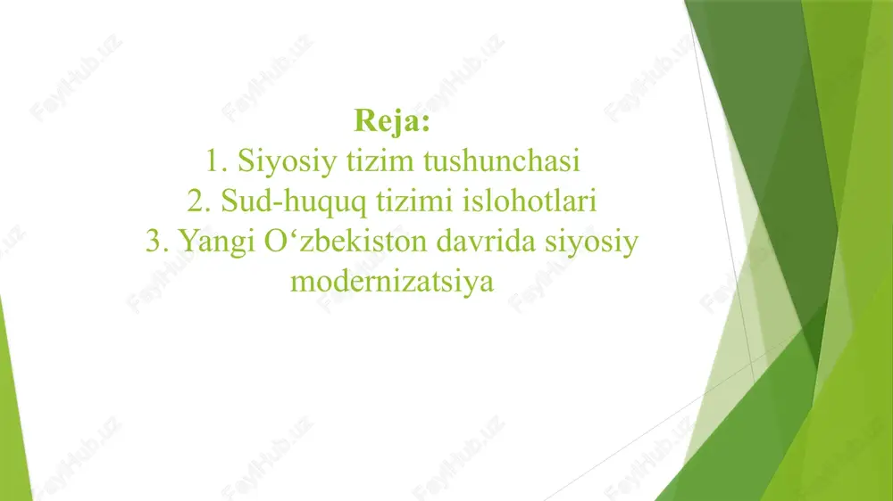 uquq tizimi islohotlari mustaqil sud hokimiyati tamoyili. sudlarning mustaqilligi va fuqarolar huquqlarini himoya qilish. 2017–2021-yillarda: “inson manfaatlari ustuvorligi” g‘oyasi asosida islohotlar. sudlarga ishonch oshdi. siyosiy partiyalar tizimining shakllanishi ko‘p partiyaviylik prinsipi joriy etildi. asosiy partiyalar: o‘zbekiston xalq demokratik partiyasi (1991) “adolat” sotsial-demokratik partiyasi (1995) “milliy tiklanish” demokratik partiyasi (1995) liberal-demokratik partiya (2003) “ekologik partiya” (2019) siyosiy partiyalarning roli partiyalar jamiyat manfaatlarini ifoda etadi. saylovlarda ishtirok etadi, parlamentda fraksiyalarga ega. demokratik siyosiy raqobatni ta’minlaydi. xalq va davlat o‘rtasida vositachi bo‘lib xizmat qiladi. saylov tizimi konstitutsiyaviy asosda shakllangan demokratik tizim. saylovlar ochiq, erkin, ko‘p partiyaviy asosda o‘tadi. 2019, 2021, 2024-yillardagi saylovlar: xalq ishtirokchiligi oshdi. markaziy saylov komissiyasi — mustaqil organ. fuqarolik jamiyati mustaqillikdan so‘ng fuqarolik jamiyati shakllandi. nodavlat notijorat tashkilotlari (nnt) soni – 10 mingdan ortiq. mahalla institutining roli oshdi. yoshlar va ayollar tashkilotlari faol ishtirok etmoqda. ommaviy axborot vositalari (oav) erkin axborot olish huquqi ta’minlandi. mustaqil telekanallar, gazetalar, internet nashrlari. blogerlik …