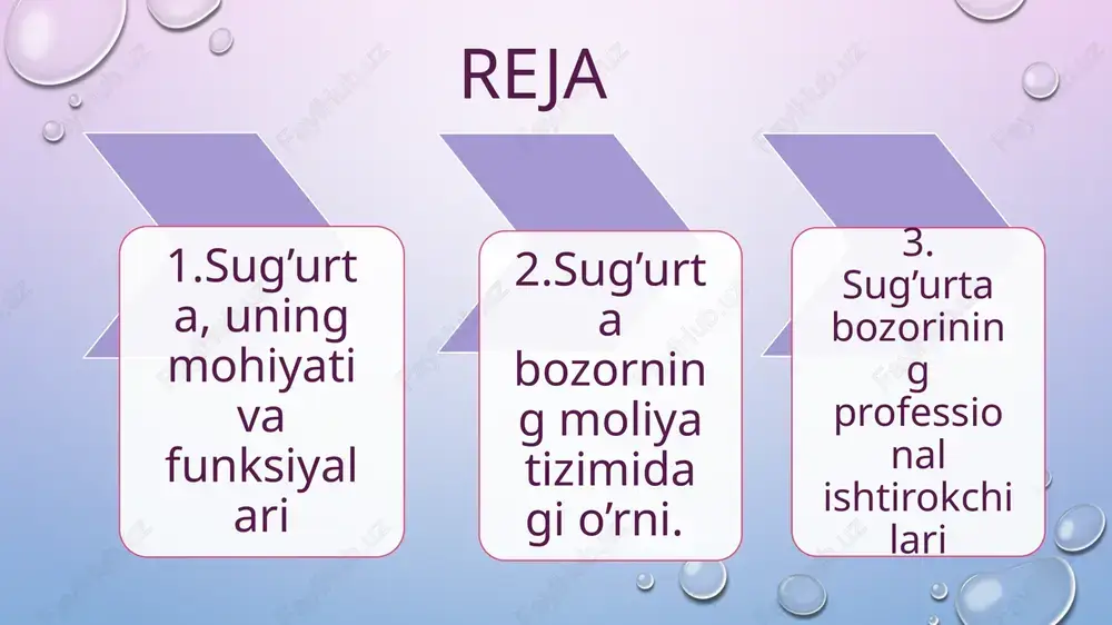alovchi (qayta sug‘urtalovchi) tomonidan to‘liq yoki qisman sug‘urta qilish birgalikdagi sug‘urta bitta sug‘urta shartnomasi bo‘yicha ayni bir obyektni bir nechta sug‘urtalovchi tomonidan birgalikda sug‘urta qilish tushuniladi. sug`urta iqtisodiy kategoriya sifatida quyidagi printsiplarga asoslanadi sug`urta riskining mavjudligi zararlarni muayyan makon va zamonda taqsimlanishi sug`urta munosabatlarining qayta taqsimlash xarakteriga egaligi sug`urta mukofotlarining qaytarilish xarakteriga egaligi sug’urta quyidagi funksiyalarni bajaradi sug’urta fondini tashkil etish sug’urta fondidan foydalanish nazorat funktsiyasi sug’urta sohasi hayotni sug‘urtasi umumiy sug‘urta jismoniy shaxslarning hayoti, sog‘lig‘i, mehnat qobiliyati va pul ta’minoti bilan bog‘liq manfaatlarini sug‘urta qilish, bunda shartnoma bo‘yicha sug‘urtaning eng kam muddati bir yilni tashkil etadi hamda sug‘urta summalarining sug‘urta shartnomasida ko‘rsatib o‘tilgan oshirilgan foizni o‘z ichiga oluvchi bir martalik yoki davriy to‘lovlarini (annuitetlarni) qamrab oladi shaxsiy, mulkiy sug‘urta, javobgarlikni sug‘urta qilish hamda hayotni sug‘urta qilish sohasiga taalluqli bo‘lmagan boshqa sug‘urta turlari sug’urta shakllari ixtiyoriy majburiy sug‘urta bozorining professional ishtirokchilari sug‘urta faoliyatining subyektlaridir. sug’urta bozorining professional ishtirokchilari quyidagilar assistans …