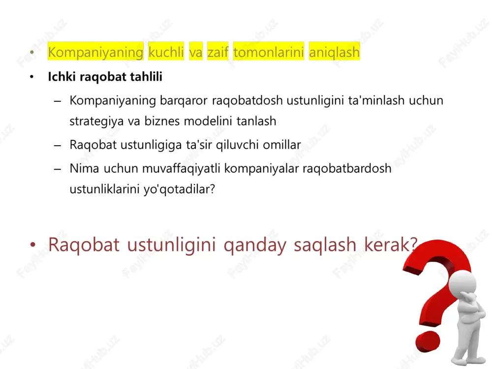 ning farqlanishi va arzonligi strukturasi (4-3-rasm) mijozlar uchun narxlarni belgilash imkoniyatlarini berish orqali ular uchun qanday qilib ko'proq qiymat yaratishdagi farq keng ko'lamli narxlash variantlarini ta'minlaydigan arzon narxlardagi tuzilma 비용 가격-비용 가치-가격 비용 가격 가치 */9 kompaniya narxlarini belgilash variantlari (4-3-rasm) agar mahsulot qiymatini v dan v* ga oshirish strategiyasini amalga oshirsak, variant 1: oshgan qiymatni aks ettirish uchun narxni oshirish foyda marjasi (p-c) ga oshadi variant 2: savdo hajmini oshirish uchun narxlarni pasaytirish; option 1 xarajat narx-xarajat qiymat-narx initial state option 2 xarajat narx-xarajat qiymat-narx xarajat narx-xarajat qiymat-narx v* v* v * */9 toyota ning gm ga nisbatan raqobatbardosh ustunligi differensial imkoniyatlarga olib keladigan strategiya natijasidir. xilma-xillik va arzon narxlardagi tuzilma orqali imkoniyatlarni farqlash 자원 차별적 역량 능력 우수함 효율 품질 혁신 고객대응 뛰어난 수익 가치 창출 낮은 비용 차별성 */9 4.2. qiymat zanjiri qiymat zanjiri kompaniya - bu kirishni mijozlar tomonidan baholanadigan natijalarga aylantiradigan bir qator tadbirlar. korporativ …